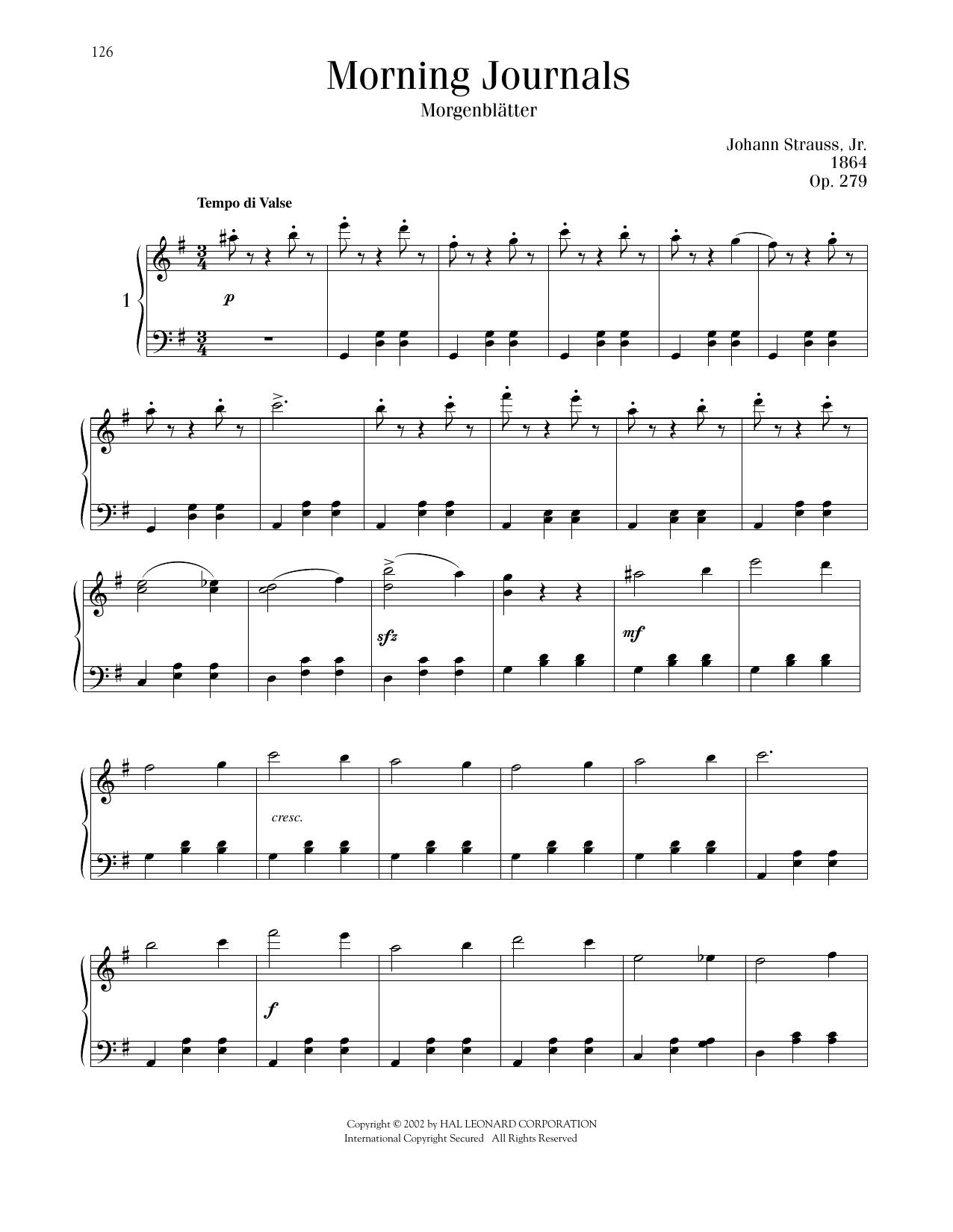 Johann Strauss Morning Journals, Op. 279 Sheet Music Notes & Chords for Piano Solo - Download or Print PDF
