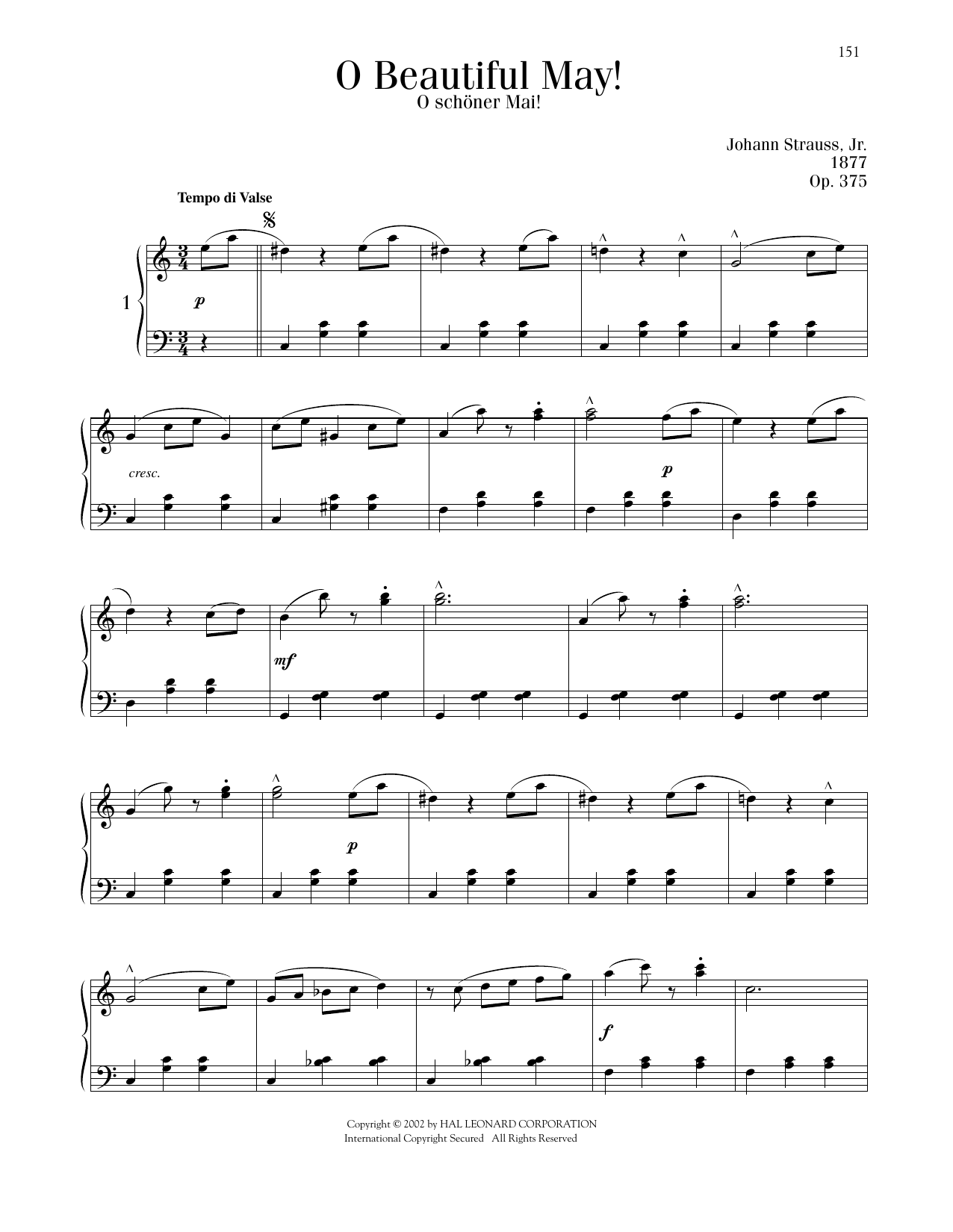 Johann Strauss O Beautiful May!, Op. 375 Sheet Music Notes & Chords for Piano Solo - Download or Print PDF