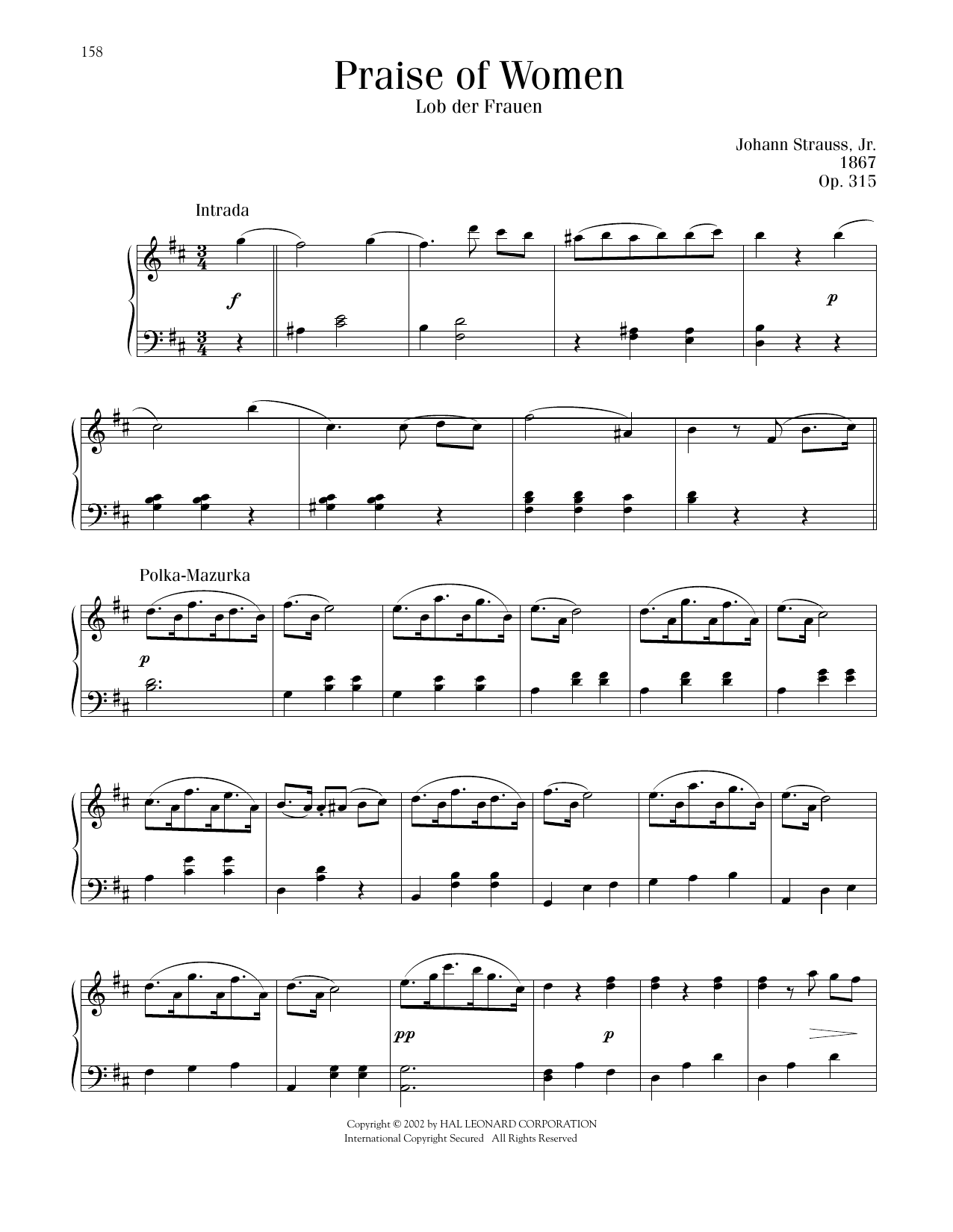Johann Strauss Praise Of Women, Op. 315 Sheet Music Notes & Chords for Piano Solo - Download or Print PDF