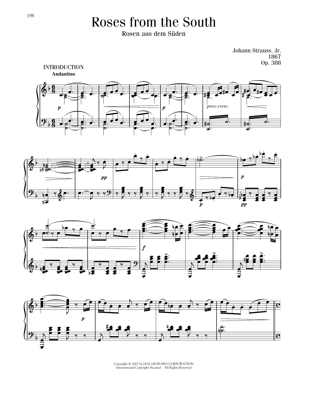 Johann Strauss Roses From The South, Op. 388 Sheet Music Notes & Chords for Piano Solo - Download or Print PDF
