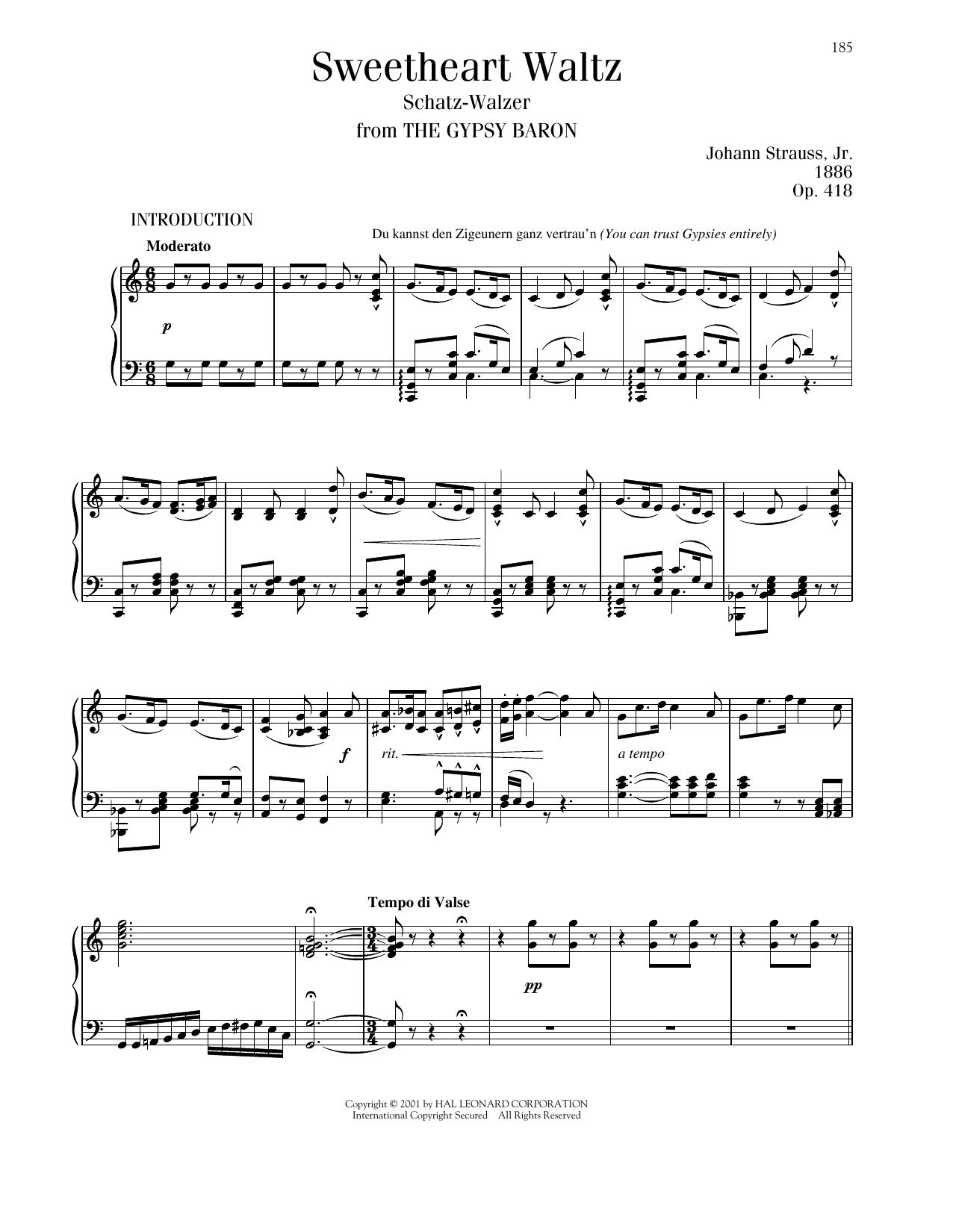 Johann Strauss Sweetheart Waltz, Op. 418 Sheet Music Notes & Chords for Piano Solo - Download or Print PDF