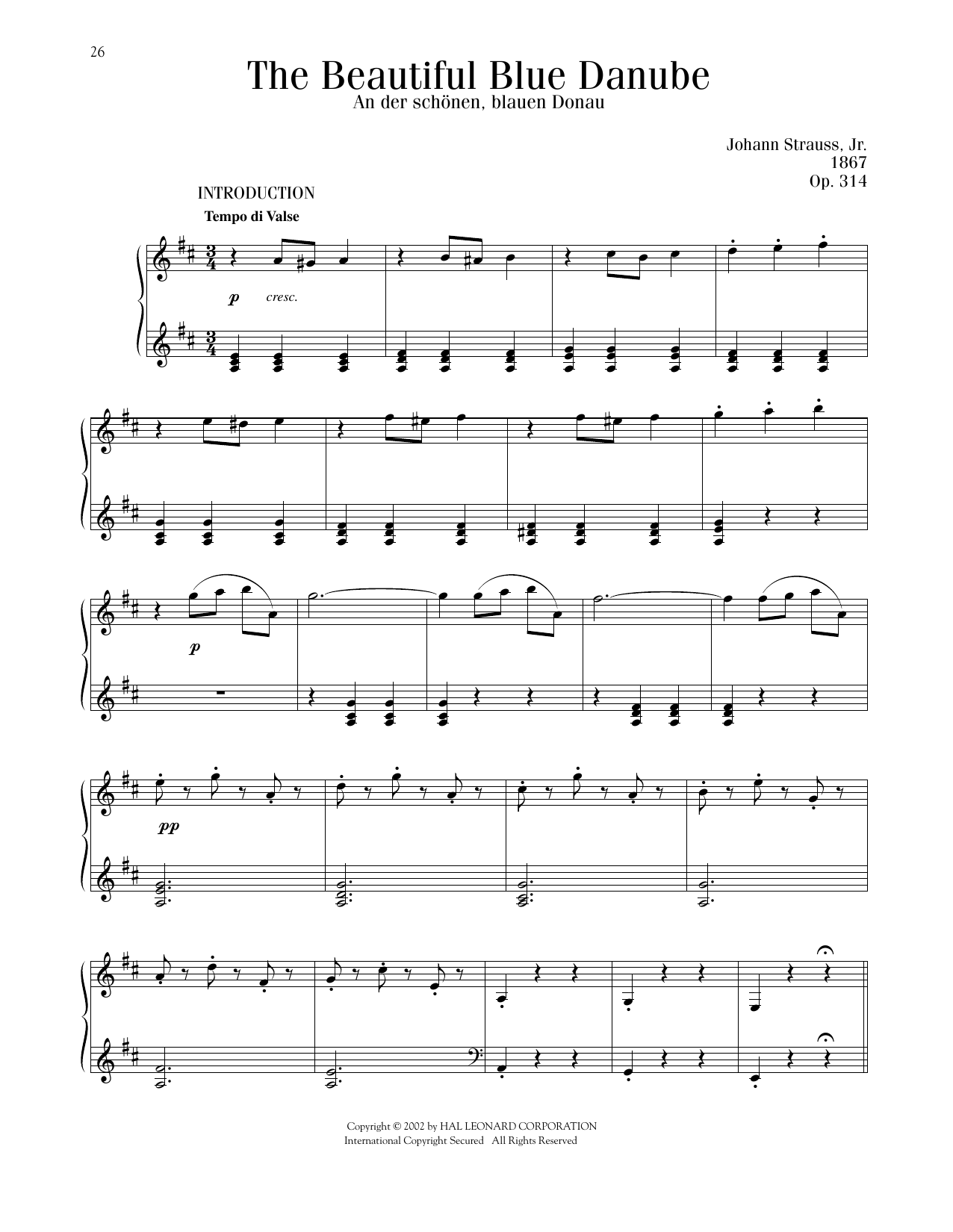 Johann Strauss The Beautiful Blue Danube, Op. 314 Sheet Music Notes & Chords for Piano Solo - Download or Print PDF