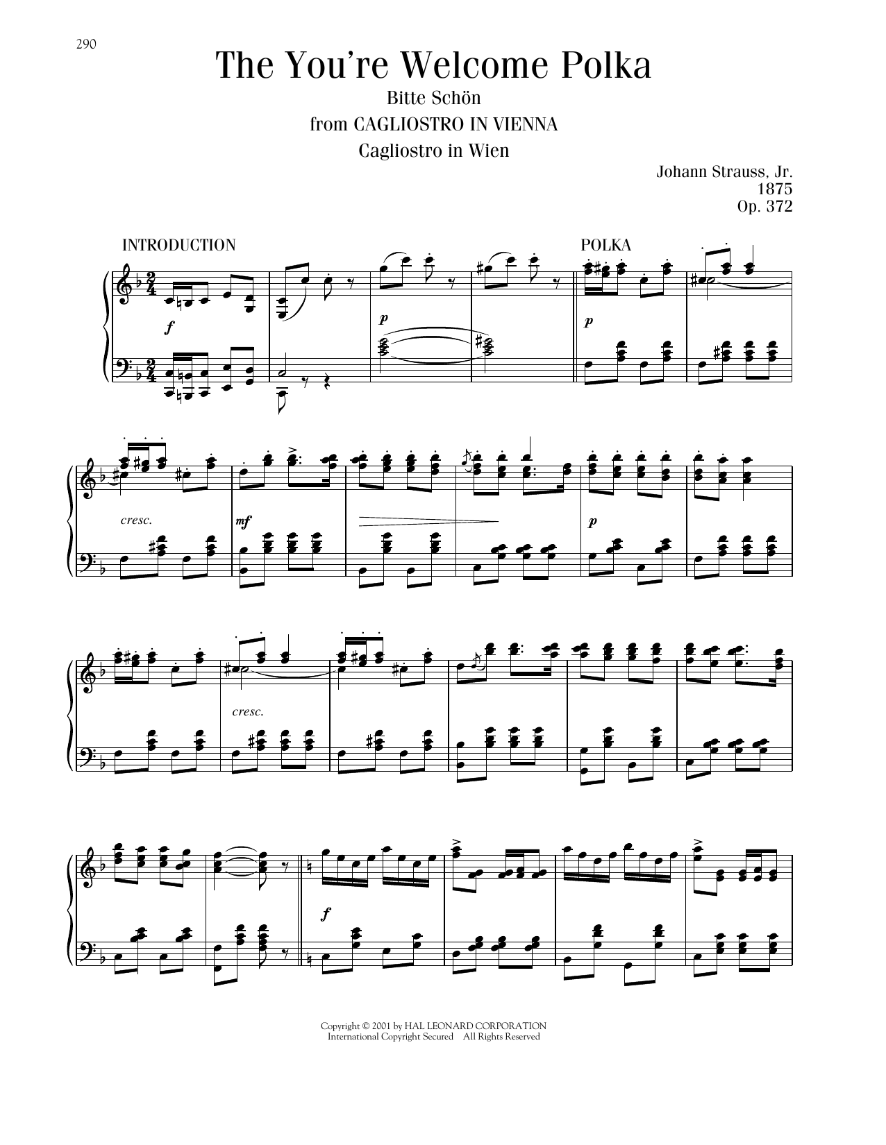 Johann Strauss The You're Welcome Polka, Op. 372 Sheet Music Notes & Chords for Piano Solo - Download or Print PDF