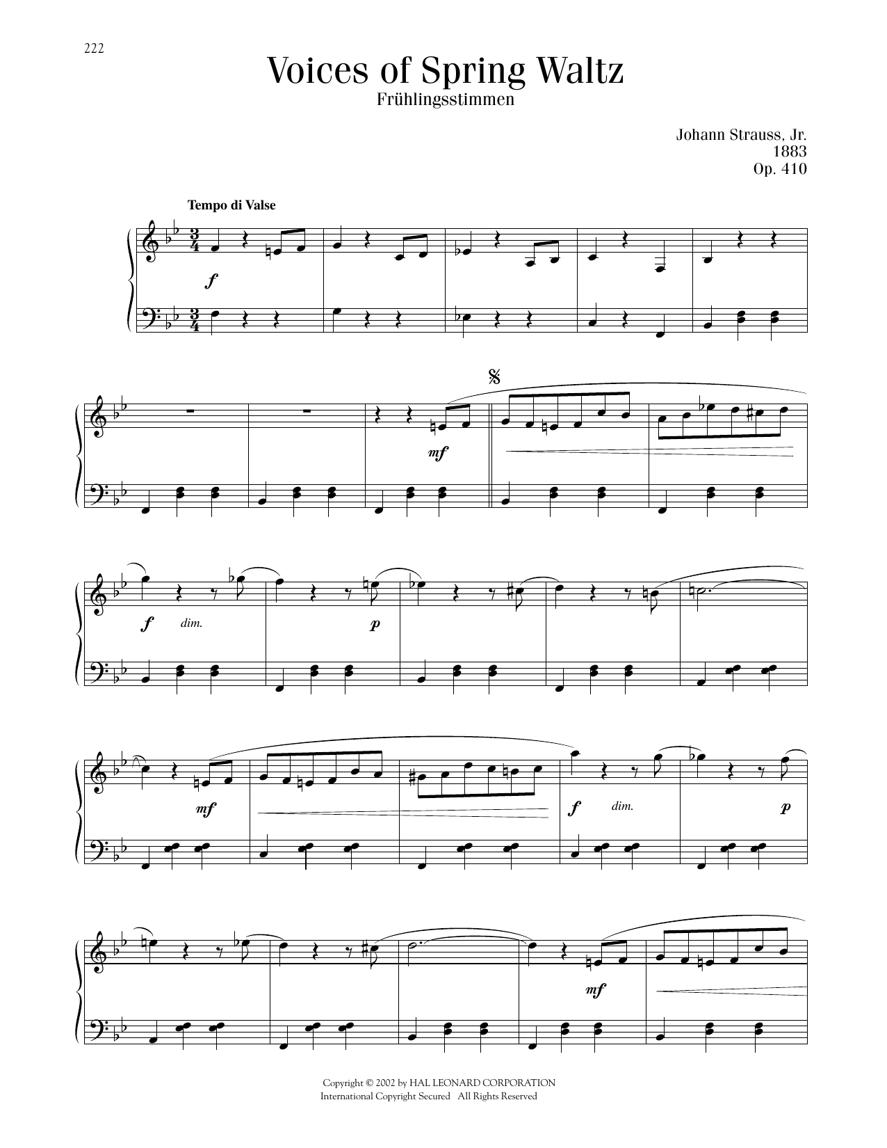 Johann Strauss Voices Of Spring Waltz, Op. 410 Sheet Music Notes & Chords for Piano Solo - Download or Print PDF