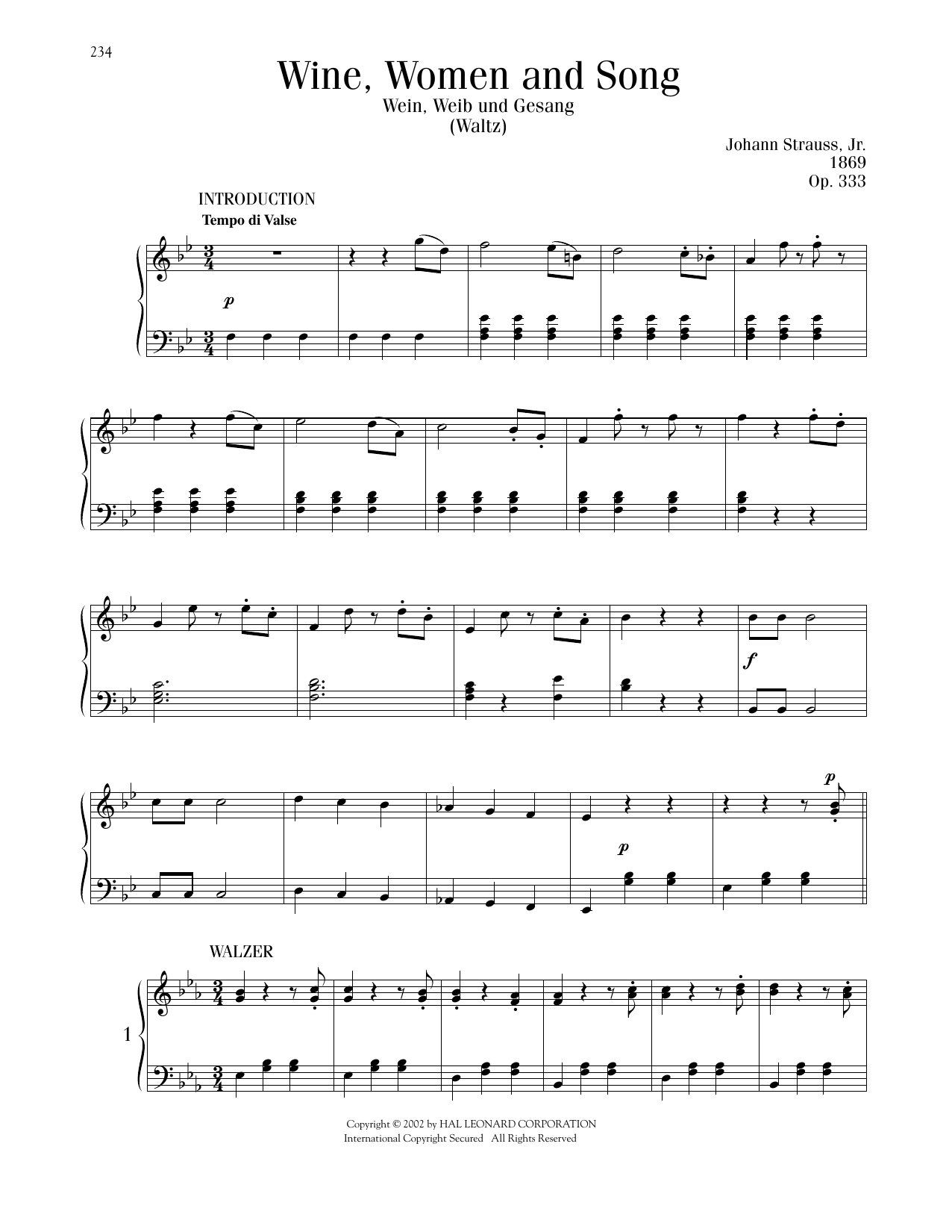 Johann Strauss Wine, Women And Song Sheet Music Notes & Chords for Piano Solo - Download or Print PDF