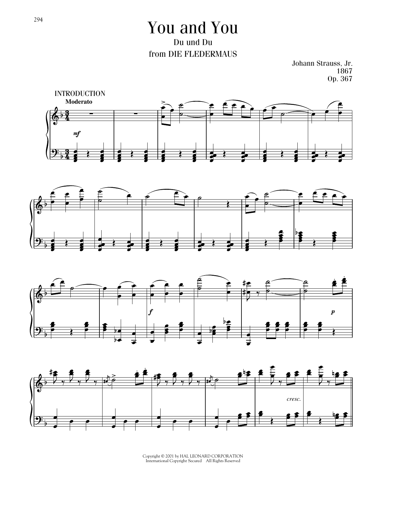 Johann Strauss You And You, Op. 367 Sheet Music Notes & Chords for Piano Solo - Download or Print PDF