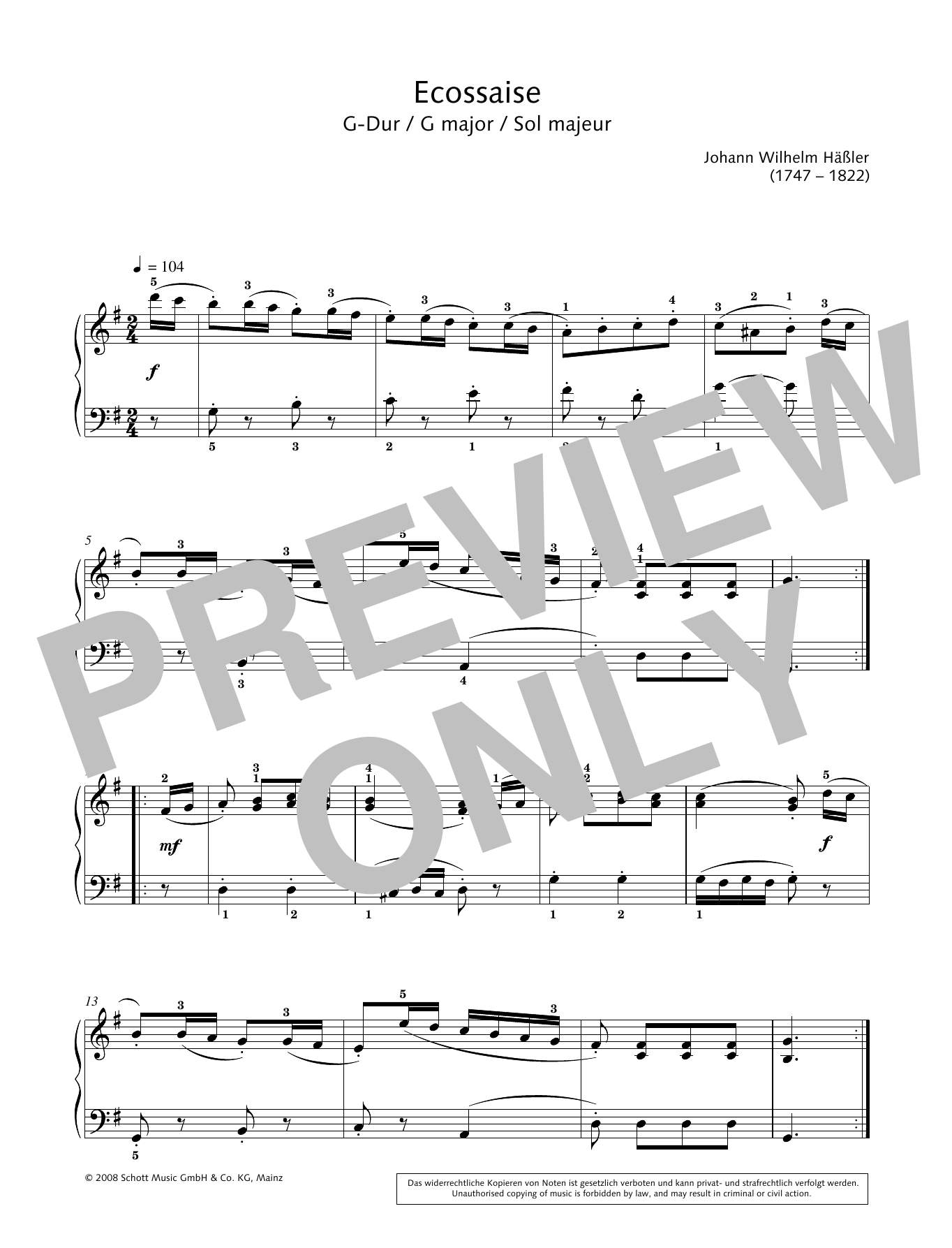 Johann Wilhelm Hässler Ecossaise in G major Sheet Music Notes & Chords for Piano Solo - Download or Print PDF