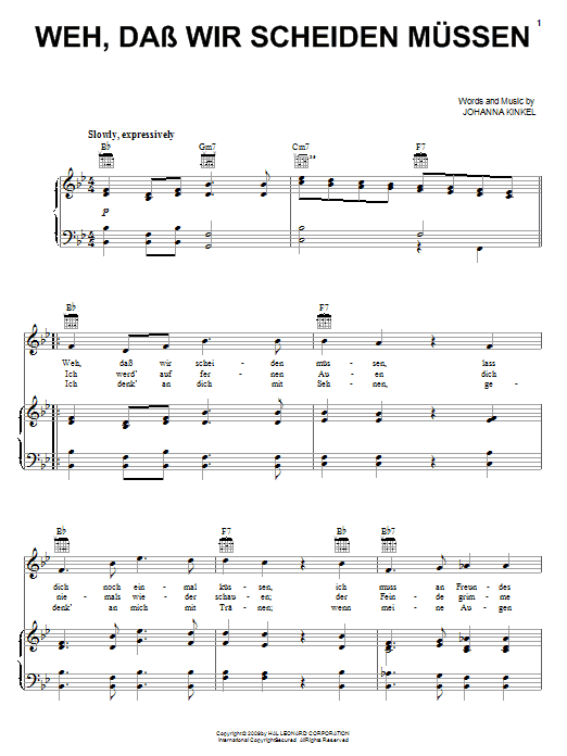 Johanna Kinkel Weh, Dass Wir Scheiden Mussen (The Soldiers Farewell) Sheet Music Notes & Chords for Piano, Vocal & Guitar (Right-Hand Melody) - Download or Print PDF