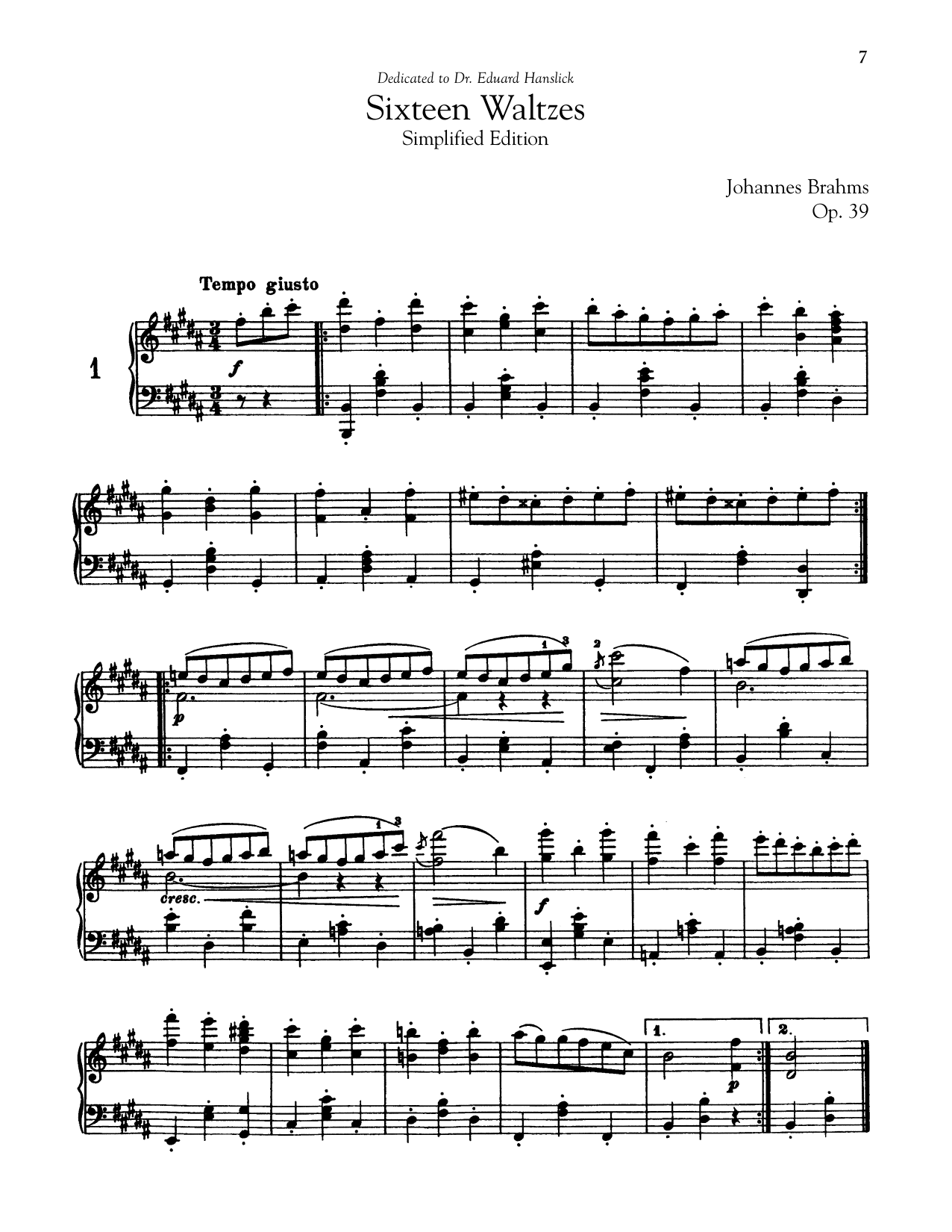 Johannes Brahms 16 Waltzes, Op. 39 (Simplified Edition) Sheet Music Notes & Chords for Piano - Download or Print PDF