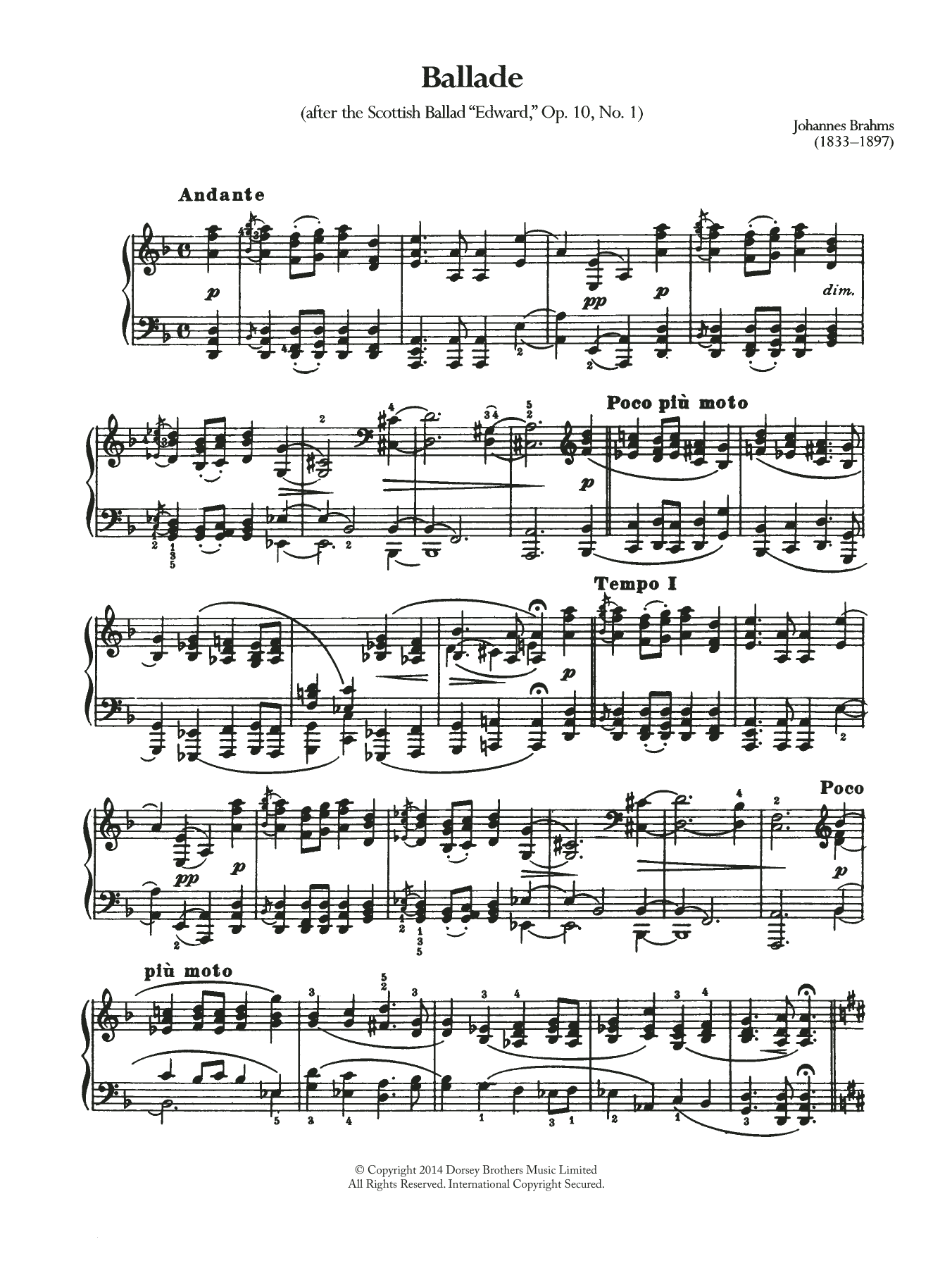 Johannes Brahms Ballade, Op.10 No.1 Sheet Music Notes & Chords for Piano - Download or Print PDF