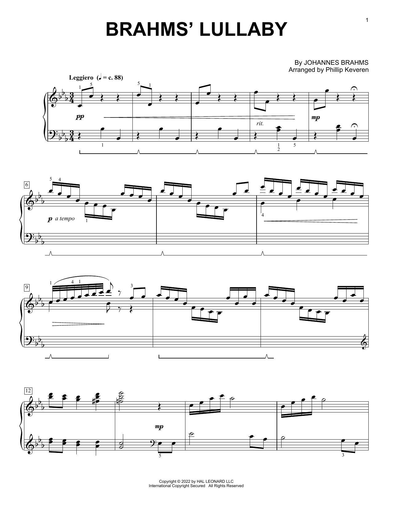 Johannes Brahms Brahms' Lullaby (arr. Phillip Keveren) Sheet Music Notes & Chords for Piano Solo - Download or Print PDF
