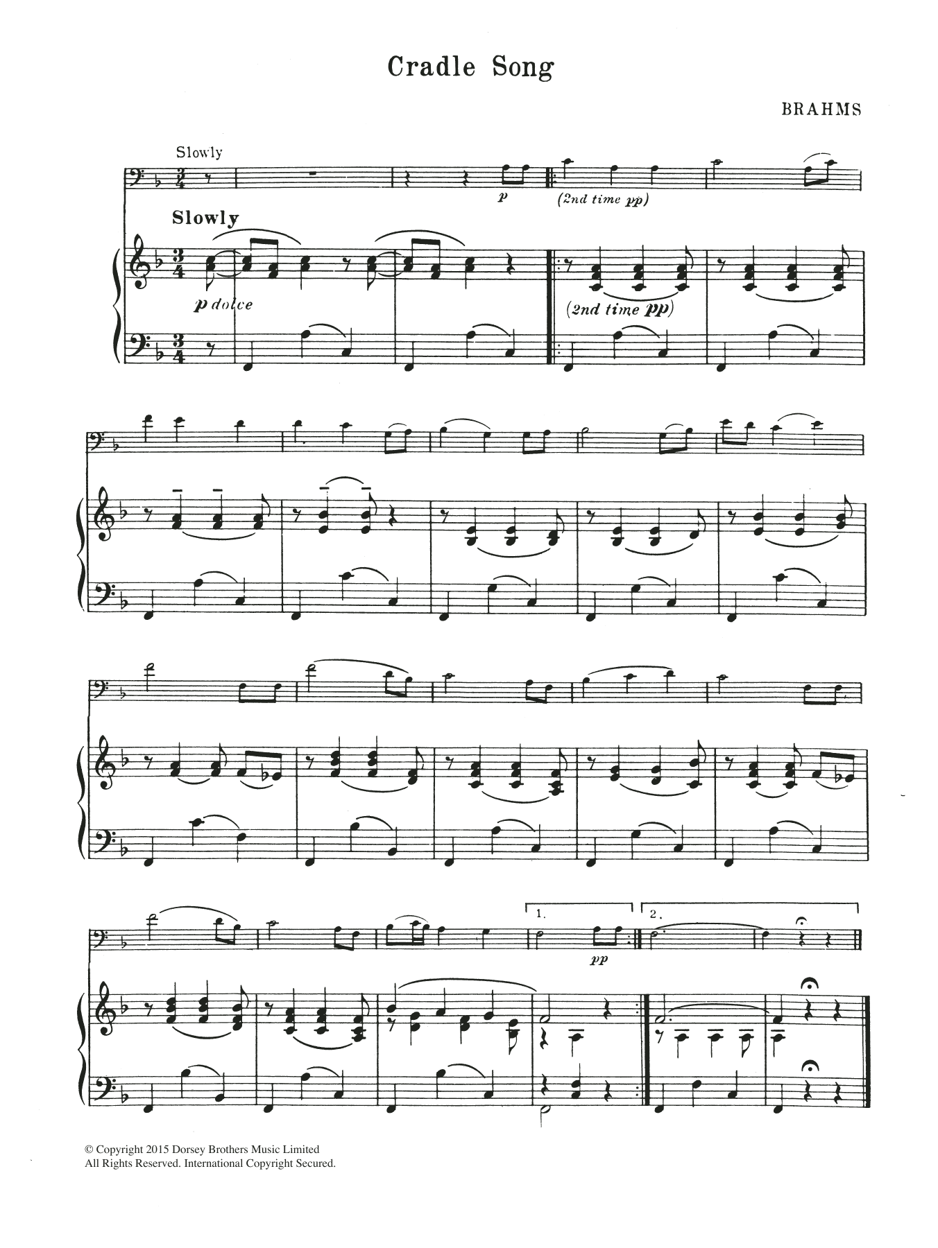 Johannes Brahms Cradle Song Sheet Music Notes & Chords for Cello - Download or Print PDF