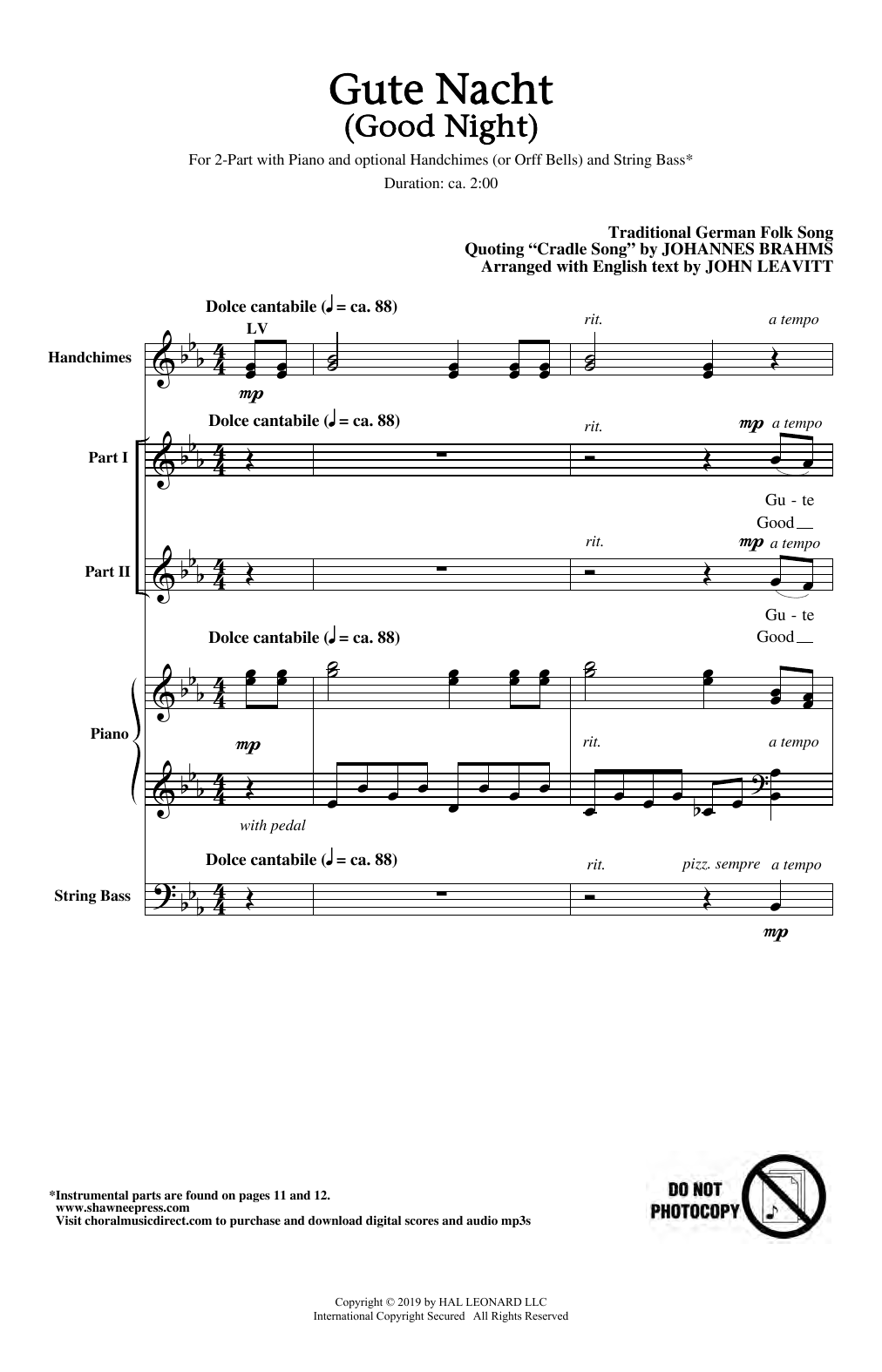 Johannes Brahms Gute Nacht (Good Night) (arr. John Leavitt) Sheet Music Notes & Chords for 2-Part Choir - Download or Print PDF