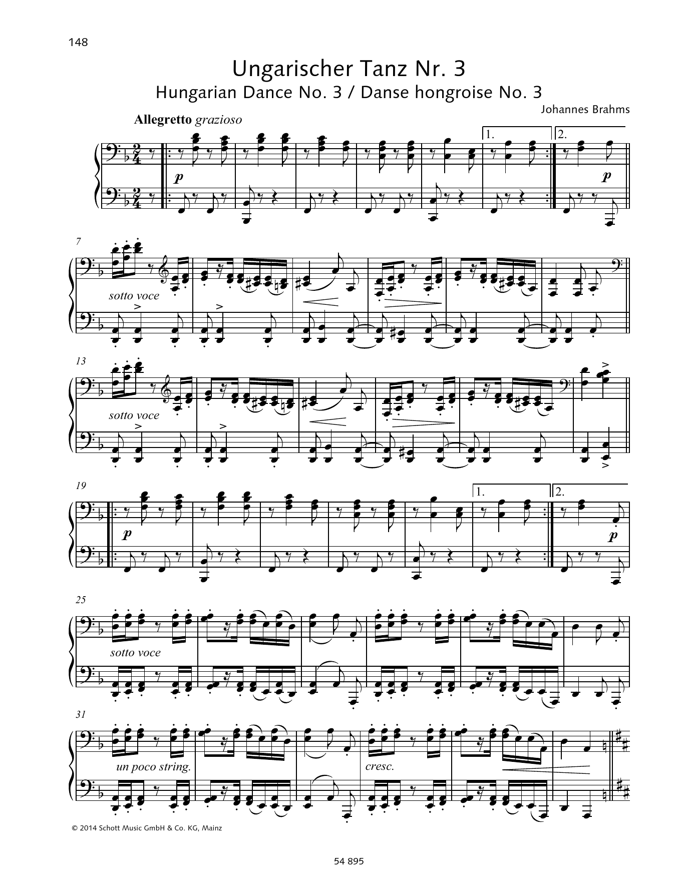 Johannes Brahms Hungarian Dance No. 3 Sheet Music Notes & Chords for Piano Duet - Download or Print PDF