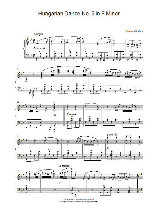 Johannes Brahms Hungarian Dance No. 5 in F Minor Sheet Music Notes & Chords for Piano - Download or Print PDF Johannes Brahms Hungarian Dance No. 5 in F Minor Sheet Music Notes & Chords for Piano - Download or Print PDF