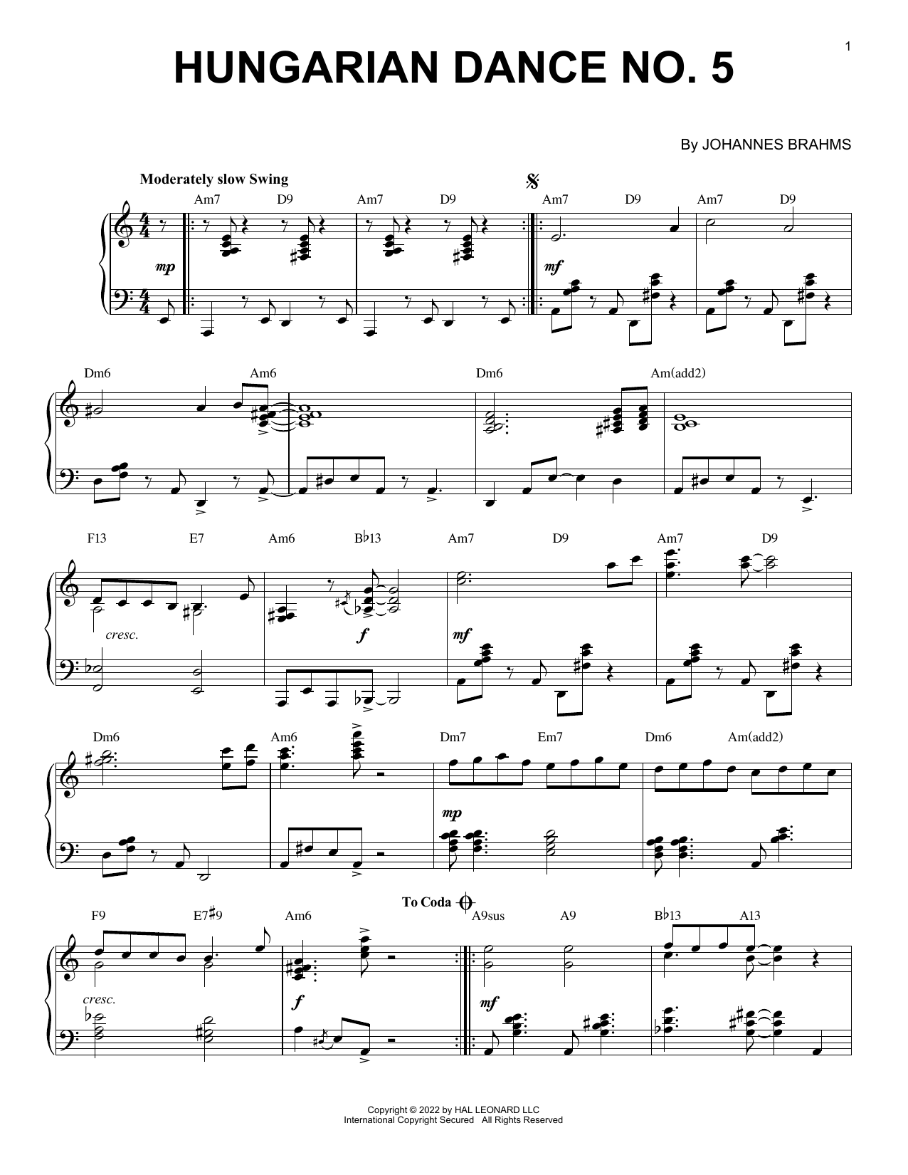 Johannes Brahms Hungarian Dance No. 5 [Jazz version] (arr. Brent Edstrom) Sheet Music Notes & Chords for Piano Solo - Download or Print PDF