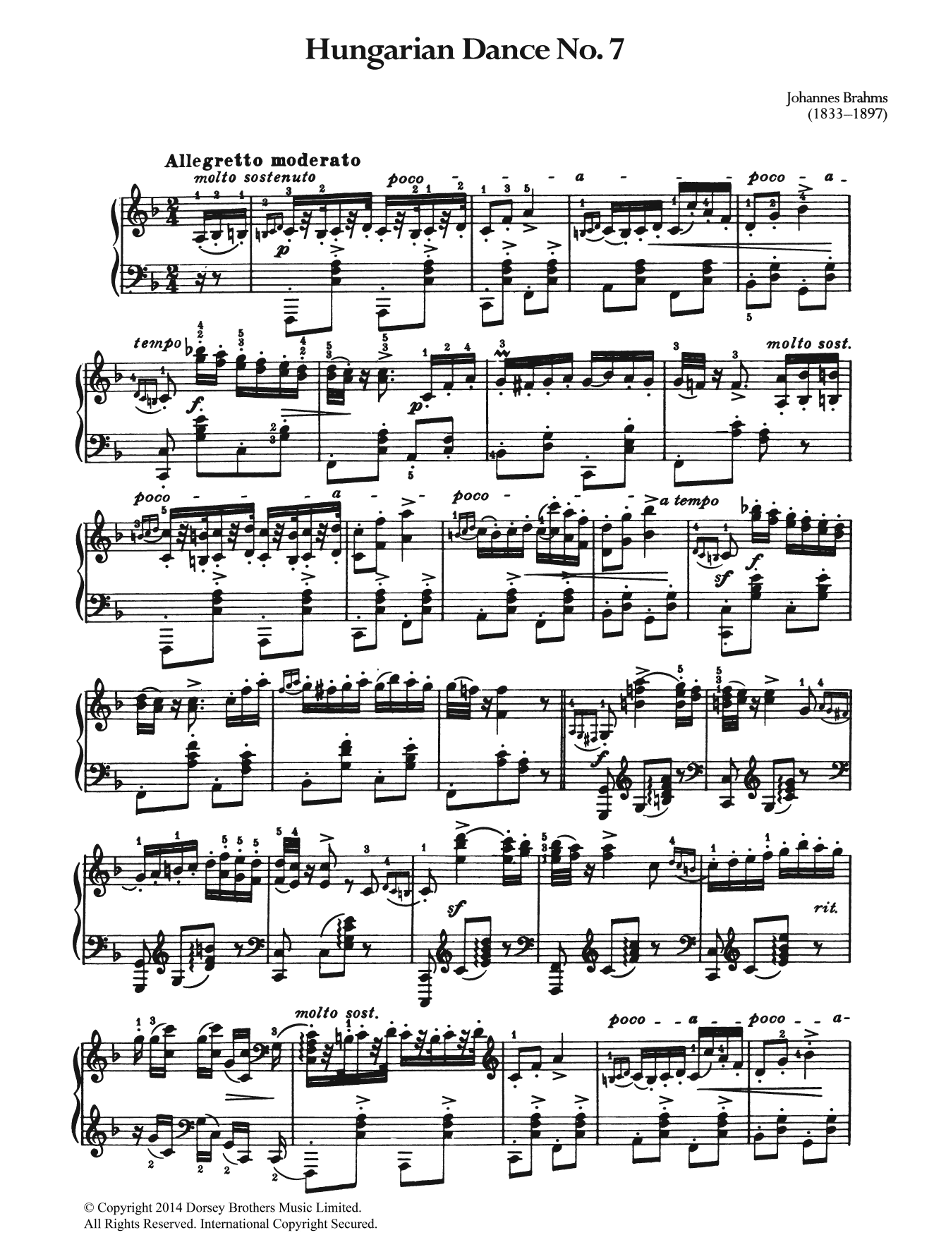 Johannes Brahms Hungarian Dance No.7 Sheet Music Notes & Chords for Piano - Download or Print PDF