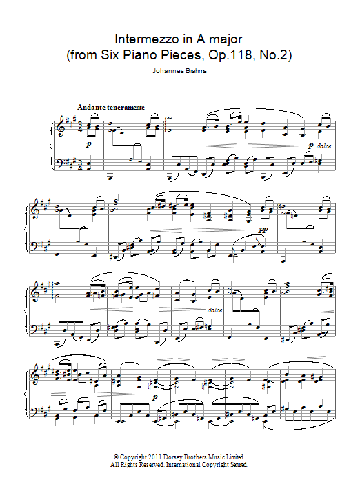 Johannes Brahms Intermezzo In A Major, Op. 118, No. 2 Sheet Music Notes & Chords for Piano Solo - Download or Print PDF