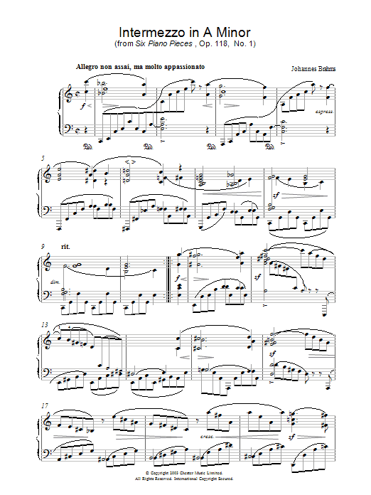 Johannes Brahms Intermezzo in A Minor (from Six Piano Pieces, Op. 118, No. 1) Sheet Music Notes & Chords for Piano - Download or Print PDF