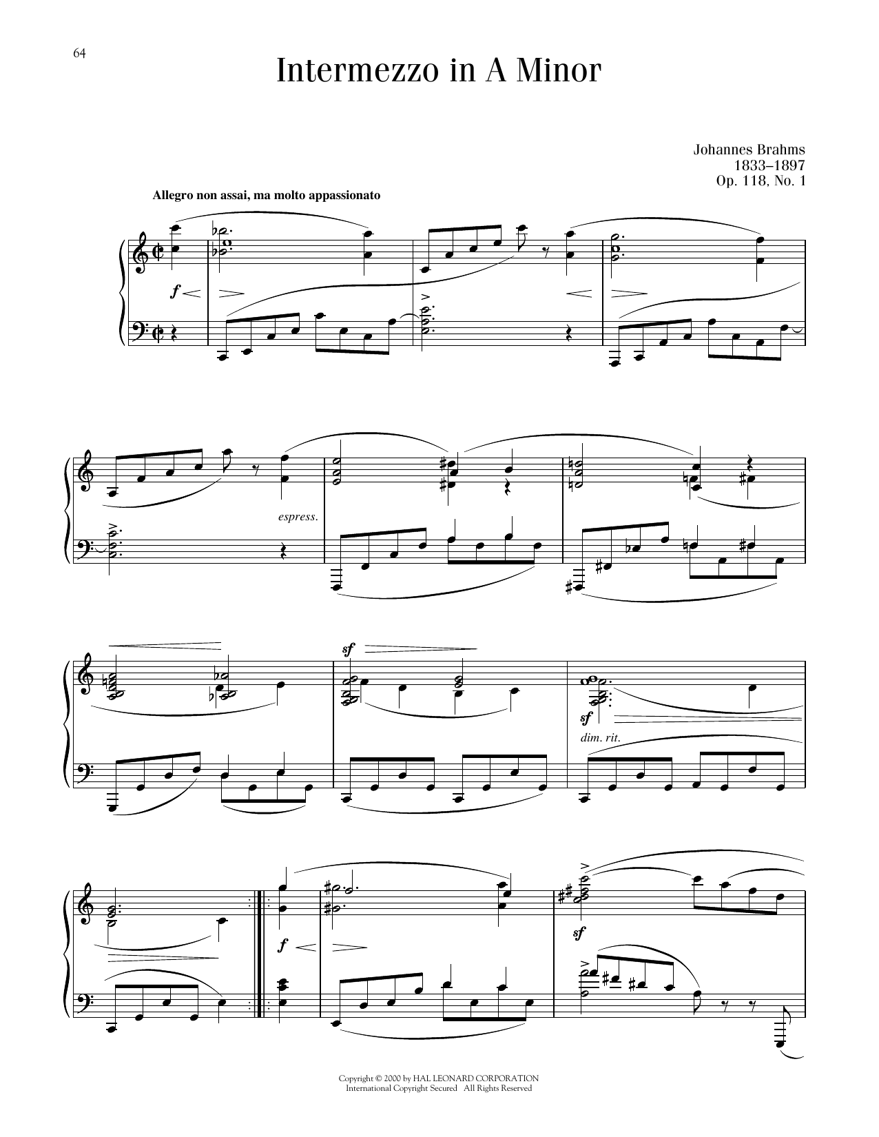 Johannes Brahms Intermezzo In A Minor, Op. 118, No. 1 Sheet Music Notes & Chords for Piano Solo - Download or Print PDF