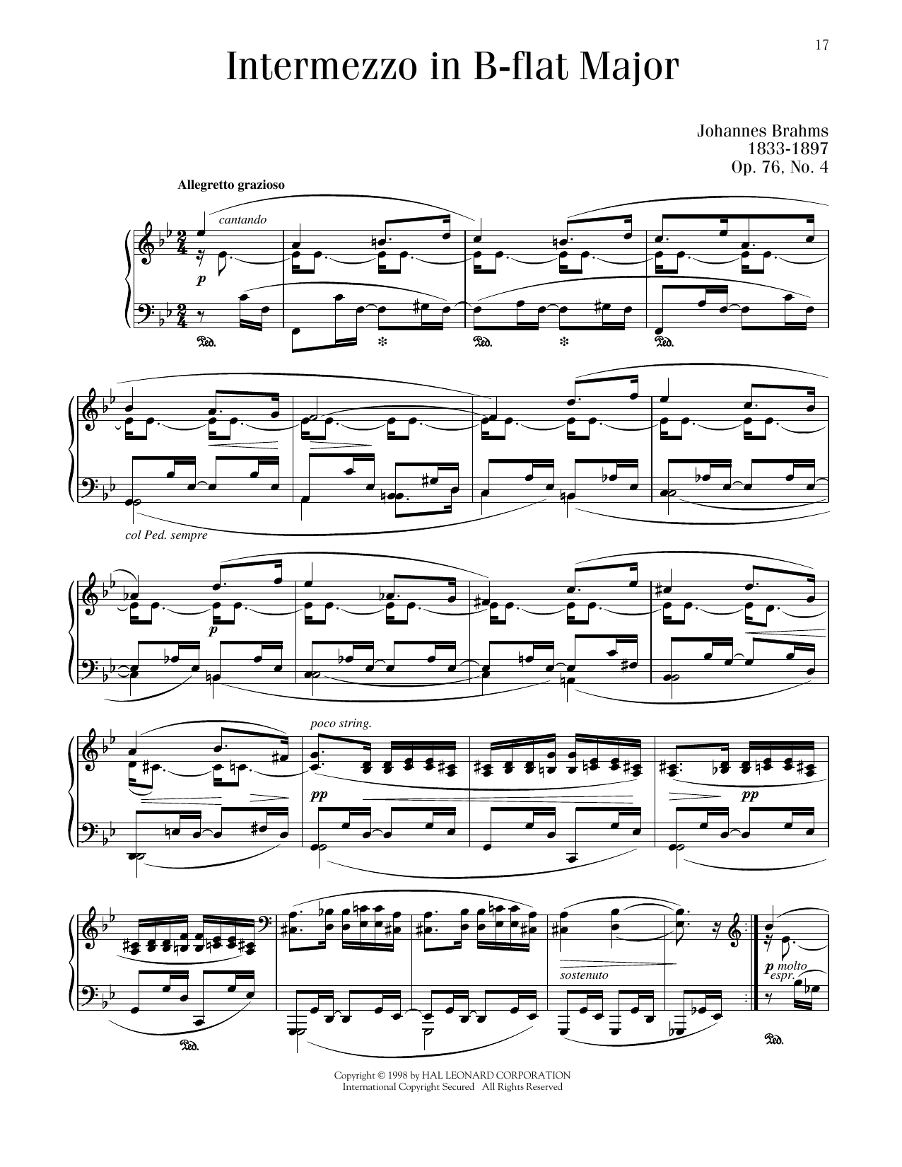 Johannes Brahms Intermezzo In B-flat Major, Op. 76, No. 4 Sheet Music Notes & Chords for Piano Solo - Download or Print PDF