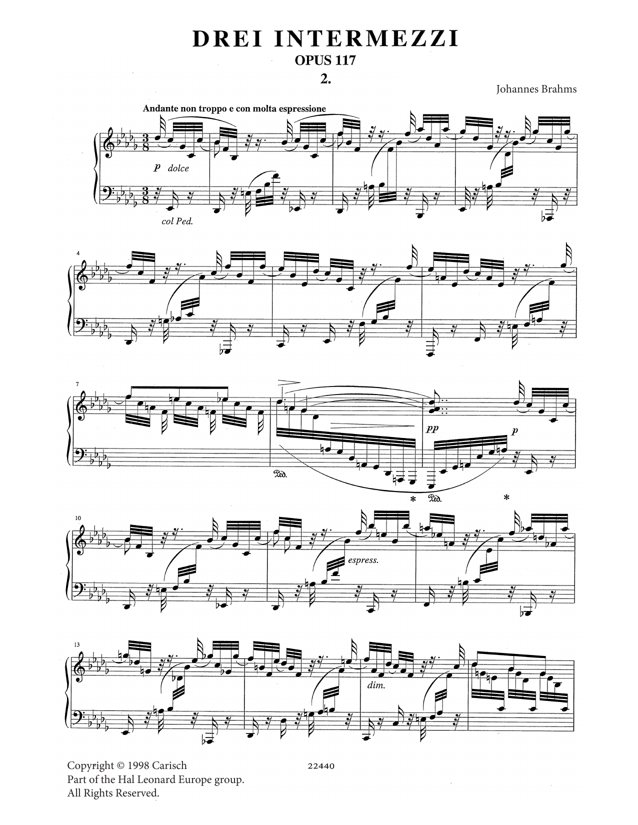 Johannes Brahms Intermezzo in B Flat Minor Op. 117 No. 2 Sheet Music Notes & Chords for Piano Solo - Download or Print PDF