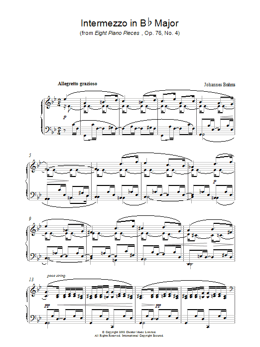 Johannes Brahms Intermezzo in Bb Major (from Eight Piano Pieces, Op. 76, No. 4) Sheet Music Notes & Chords for Piano - Download or Print PDF