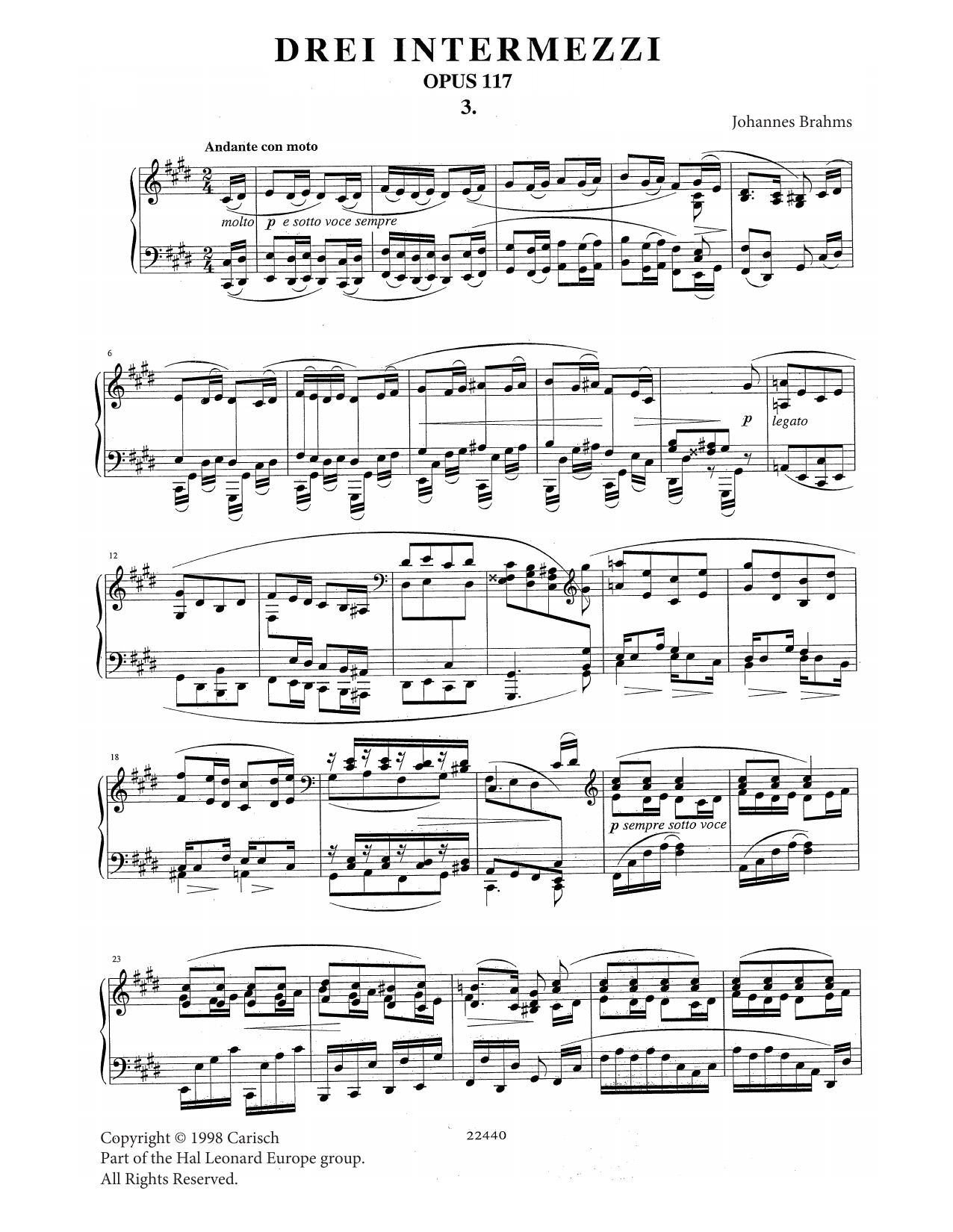 Johannes Brahms Intermezzo in C Sharp Minor Op. 117 No. 3 Sheet Music Notes & Chords for Piano Solo - Download or Print PDF