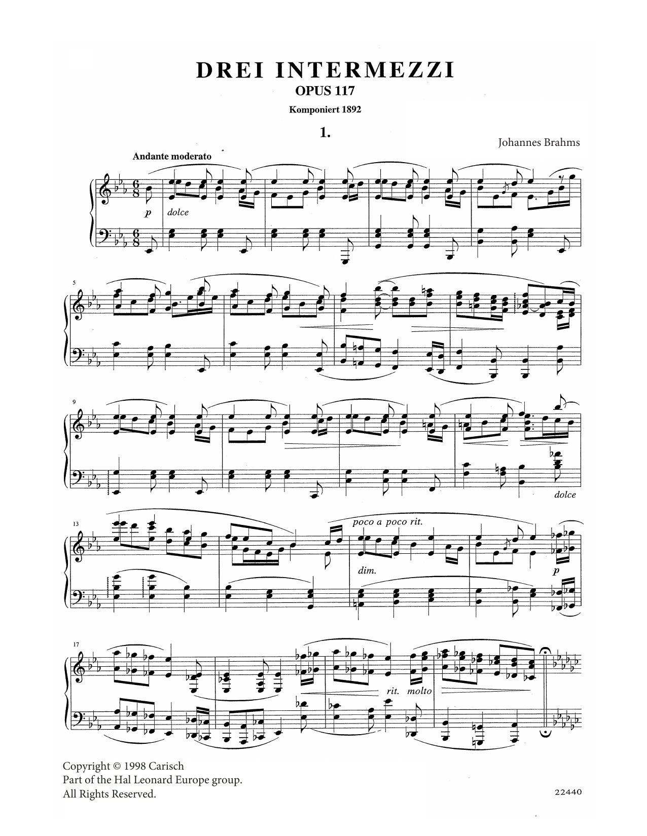 Johannes Brahms Intermezzo in E Flat Major Op. 117 No. 1 Sheet Music Notes & Chords for Piano Solo - Download or Print PDF