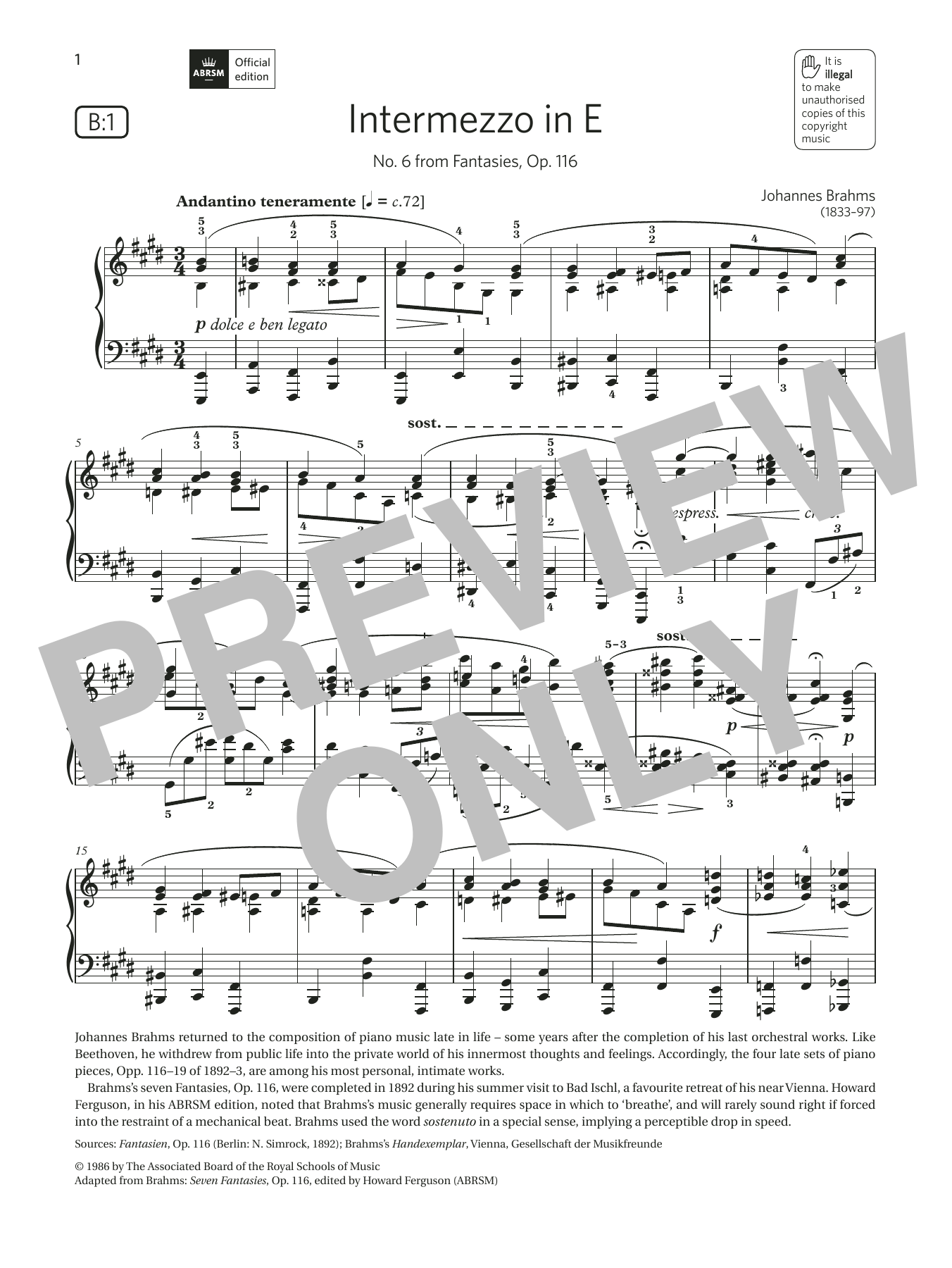 Johannes Brahms Intermezzo in E (Grade 8, list B1, from the ABRSM Piano Syllabus 2021 & 2022) Sheet Music Notes & Chords for Piano Solo - Download or Print PDF