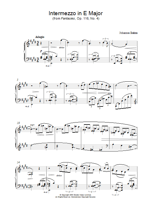 Johannes Brahms Intermezzo in E Major (from Fantasies, Op. 116, No. 4) Sheet Music Notes & Chords for Piano - Download or Print PDF