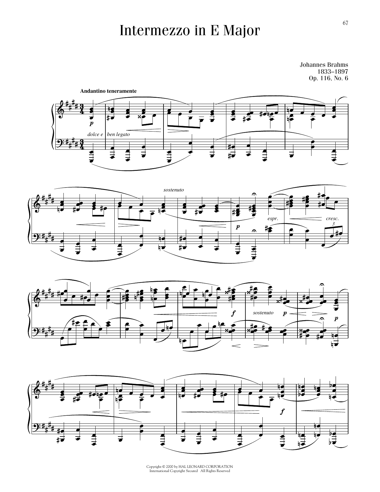 Johannes Brahms Intermezzo In E Major, Op. 116, No. 6 Sheet Music Notes & Chords for Piano Solo - Download or Print PDF