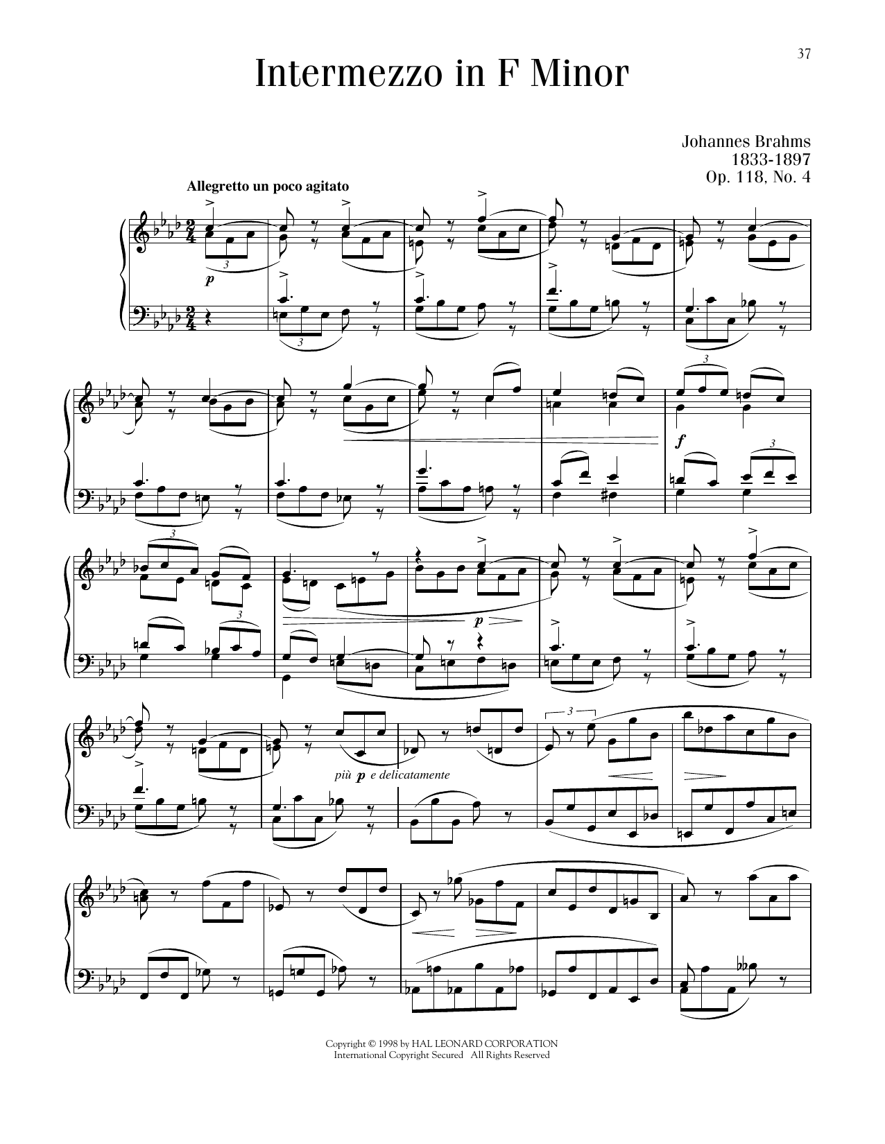Johannes Brahms Intermezzo, Op. 118, No. 4 Sheet Music Notes & Chords for Piano Solo - Download or Print PDF