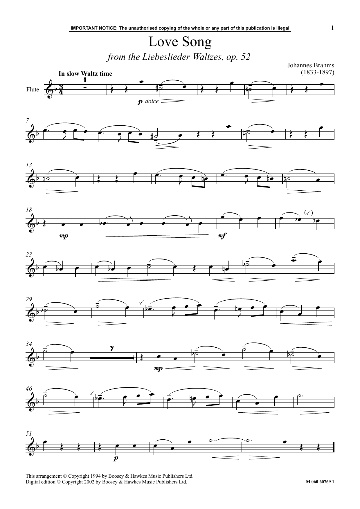 Johannes Brahms Love Song (from The Liebeslieder Waltzes, Op. 52) Sheet Music Notes & Chords for Instrumental Solo - Download or Print PDF