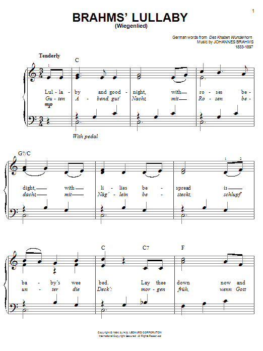 Johannes Brahms Lullaby (Cradle Song) Sheet Music Notes & Chords for Piano, Vocal & Guitar (Right-Hand Melody) - Download or Print PDF