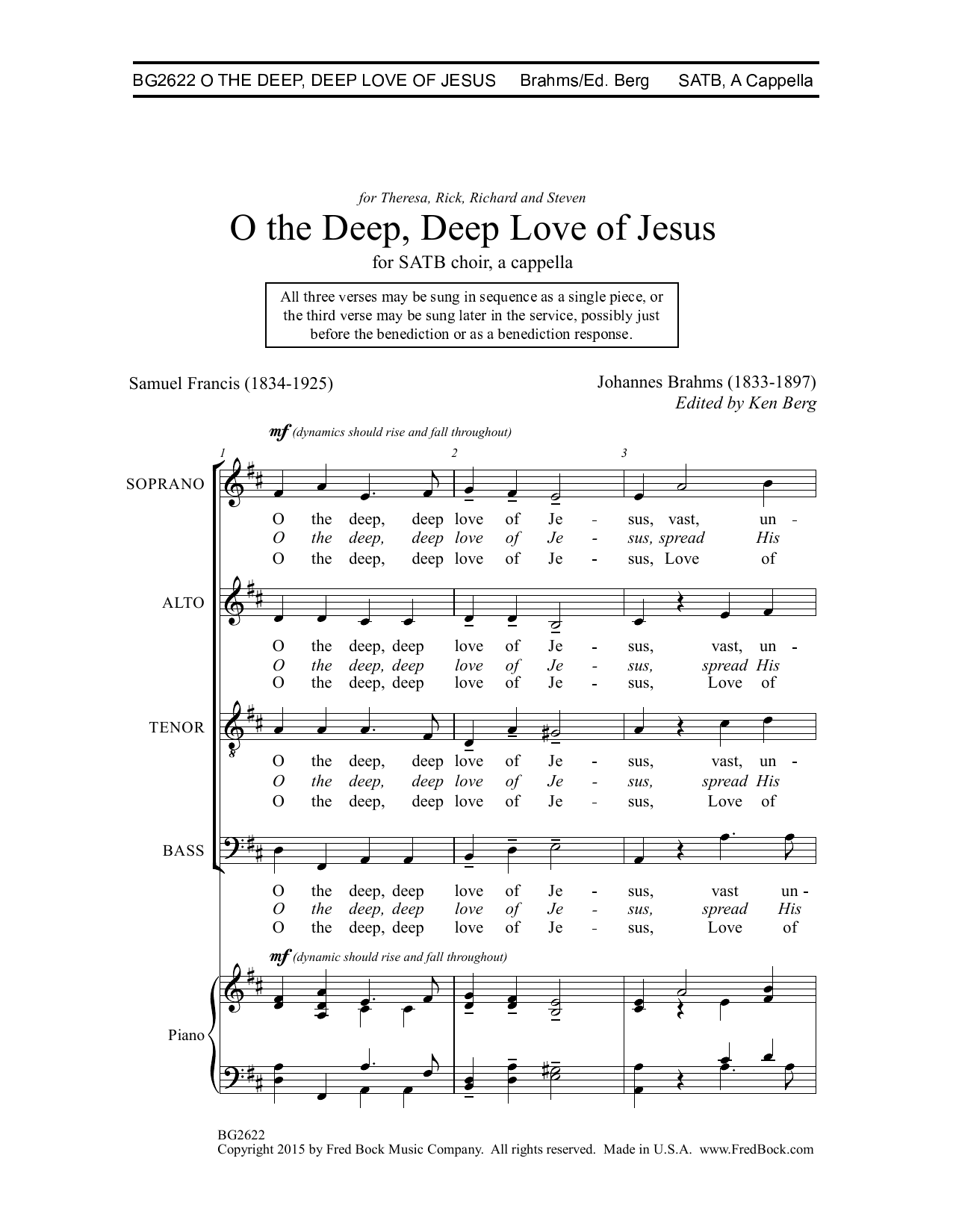 Johannes Brahms O The Deep, Deep Love Of Jesus (ed. Ken Berg) Sheet Music Notes & Chords for SATB Choir - Download or Print PDF