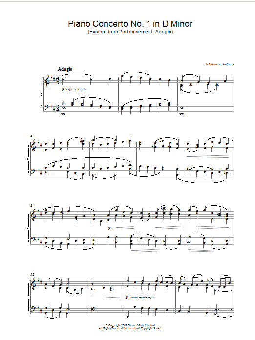 Johannes Brahms Piano Concerto No. 1 in D Minor (Excerpt from 2nd movement: Adagio) Sheet Music Notes & Chords for Piano - Download or Print PDF