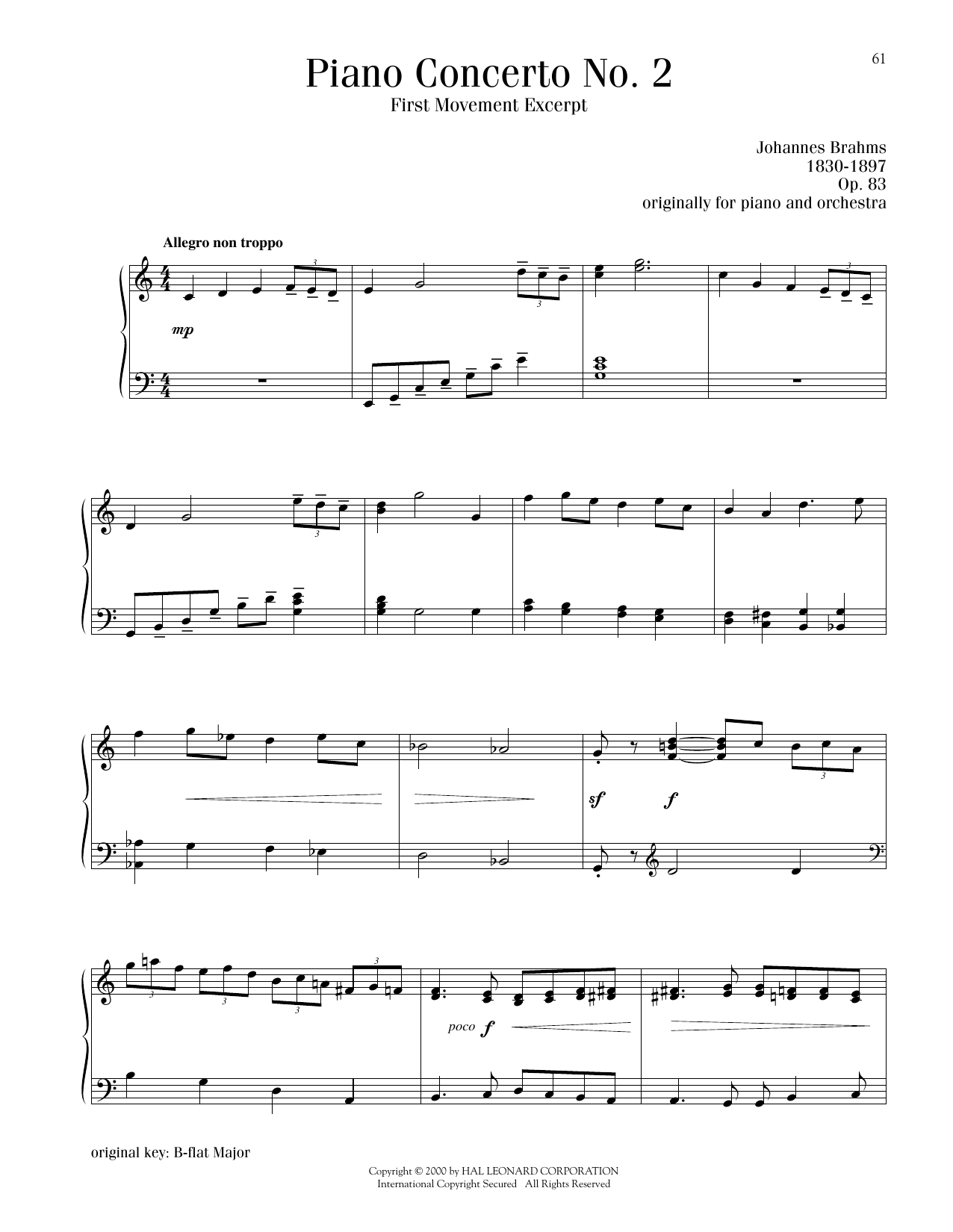 Johannes Brahms Piano Concerto No. 2, First Movement Excerpt Sheet Music Notes & Chords for Piano Solo - Download or Print PDF