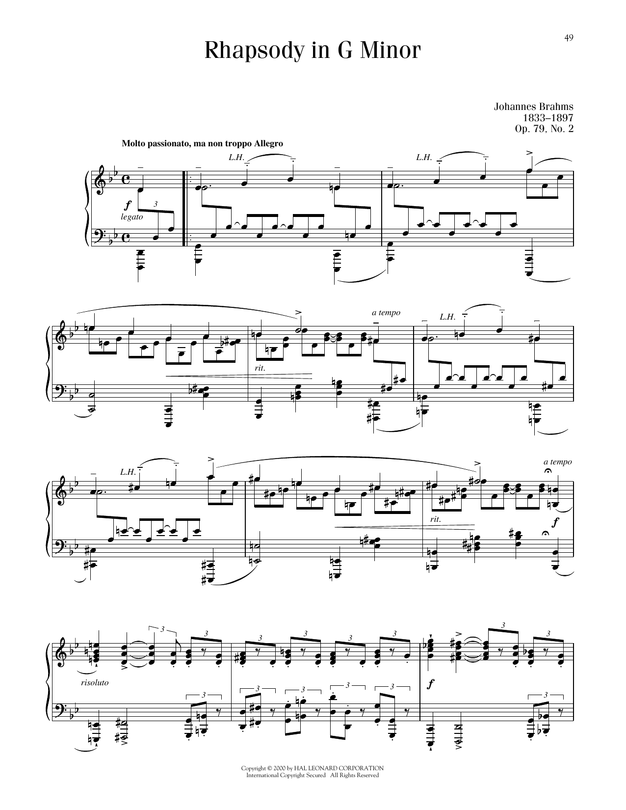 Johannes Brahms Rhapsody In G Minor, Op. 79, No. 2 Sheet Music Notes & Chords for Piano Solo - Download or Print PDF