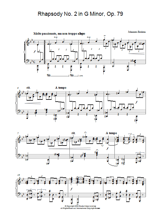 Johannes Brahms Rhapsody No. 2 in G Minor, Op. 79 Sheet Music Notes & Chords for Piano - Download or Print PDF