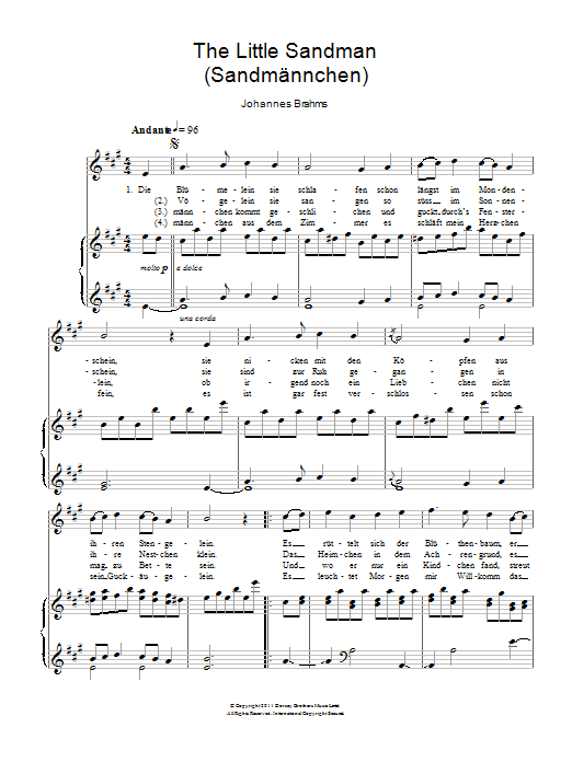 Johannes Brahms Sandmannchen (The Little Sandman) Sheet Music Notes & Chords for Piano & Vocal - Download or Print PDF