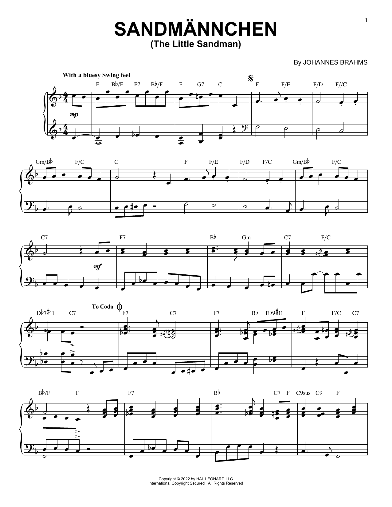 Johannes Brahms Sandmannchen (The Little Sandman), WoO 31, No. 4 [Jazz version] (arr. Brent Edstrom) Sheet Music Notes & Chords for Piano Solo - Download or Print PDF