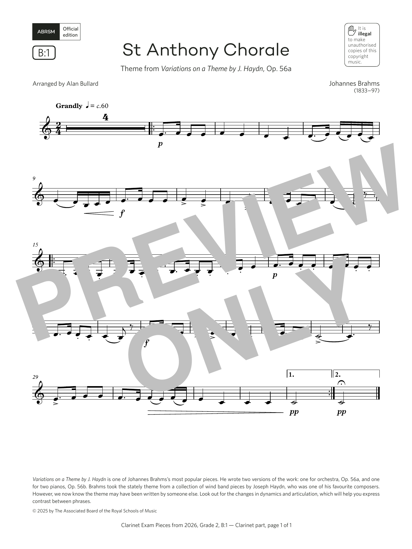 Johannes Brahms St Anthony Chorale (Grade 2, list B1, from the ABRSM Clarinet Syllabus from 2026) Sheet Music Notes & Chords for Clarinet Solo - Download or Print PDF Johannes Brahms St Anthony Chorale (Grade 2, list B1, from the ABRSM Clarinet Syllabus from 2026) Sheet Music Notes & Chords for Clarinet Solo - Download or Print PDF