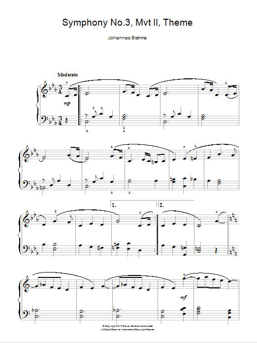 Johannes Brahms Symphony No.3, Andante Sheet Music Notes & Chords for Easy Piano - Download or Print PDF