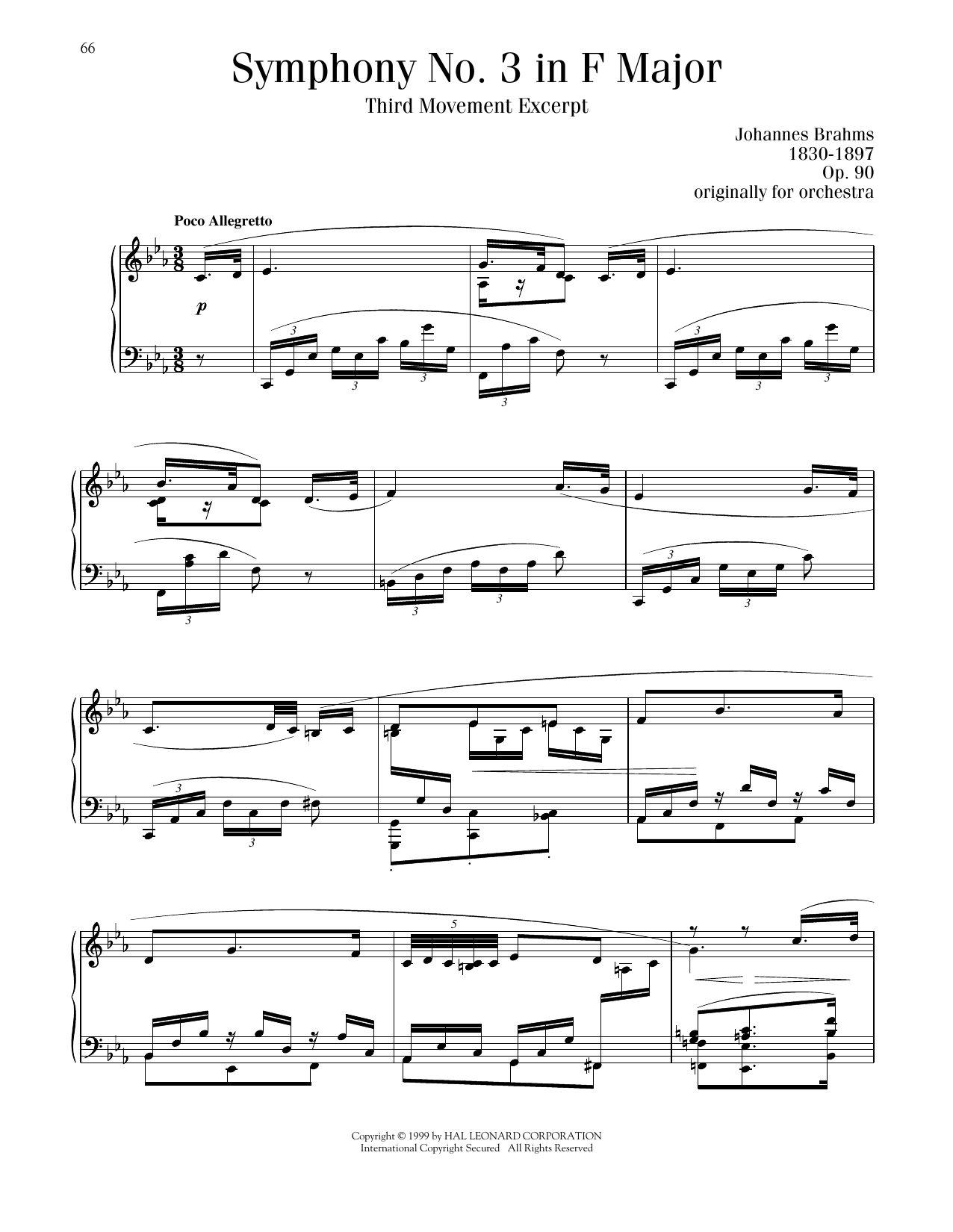 Johannes Brahms Symphony No. 3 In F Major, Op. 90 Sheet Music Notes & Chords for Piano Solo - Download or Print PDF