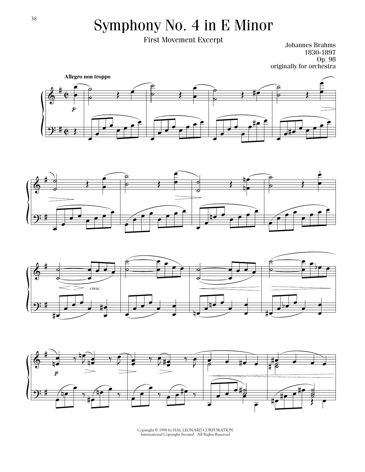 Johannes Brahms Symphony No. 4 in E Minor, First Movement Excerpt Sheet Music Notes & Chords for Piano Solo - Download or Print PDF