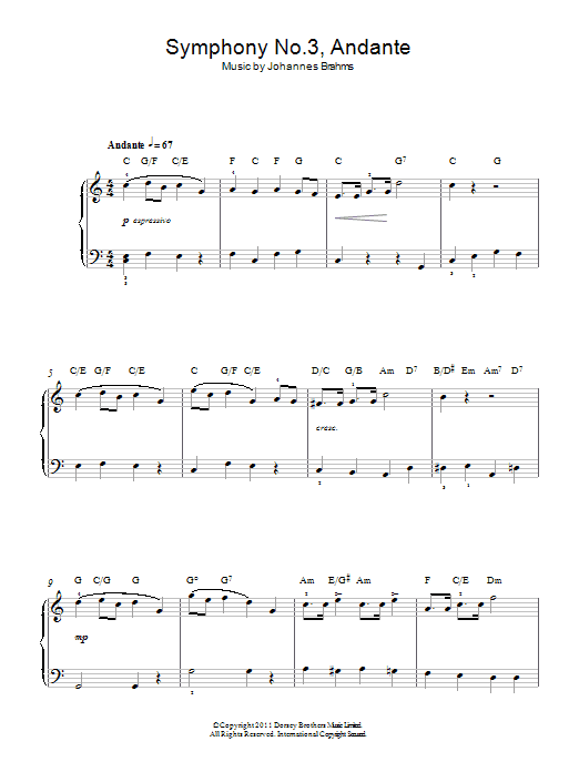 Johannes Brahms Symphony No.3, Andante Sheet Music Notes & Chords for Beginner Piano - Download or Print PDF