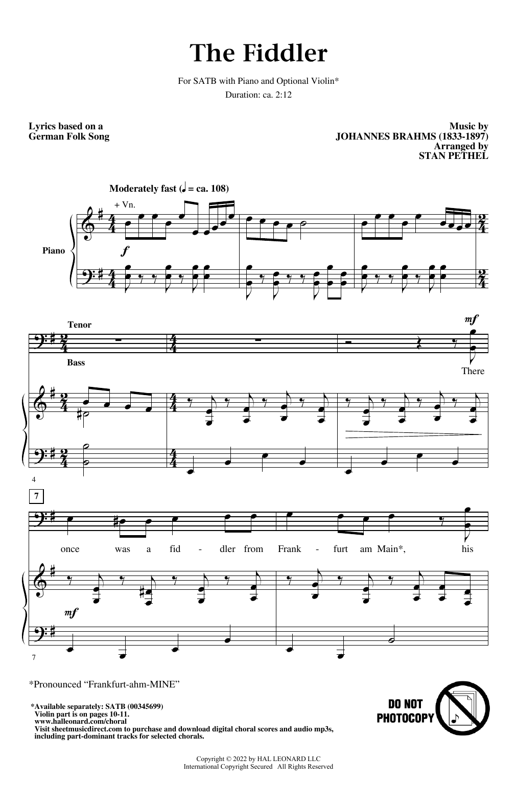 Johannes Brahms The Fiddler (arr. Stan Pethel) Sheet Music Notes & Chords for SATB Choir - Download or Print PDF