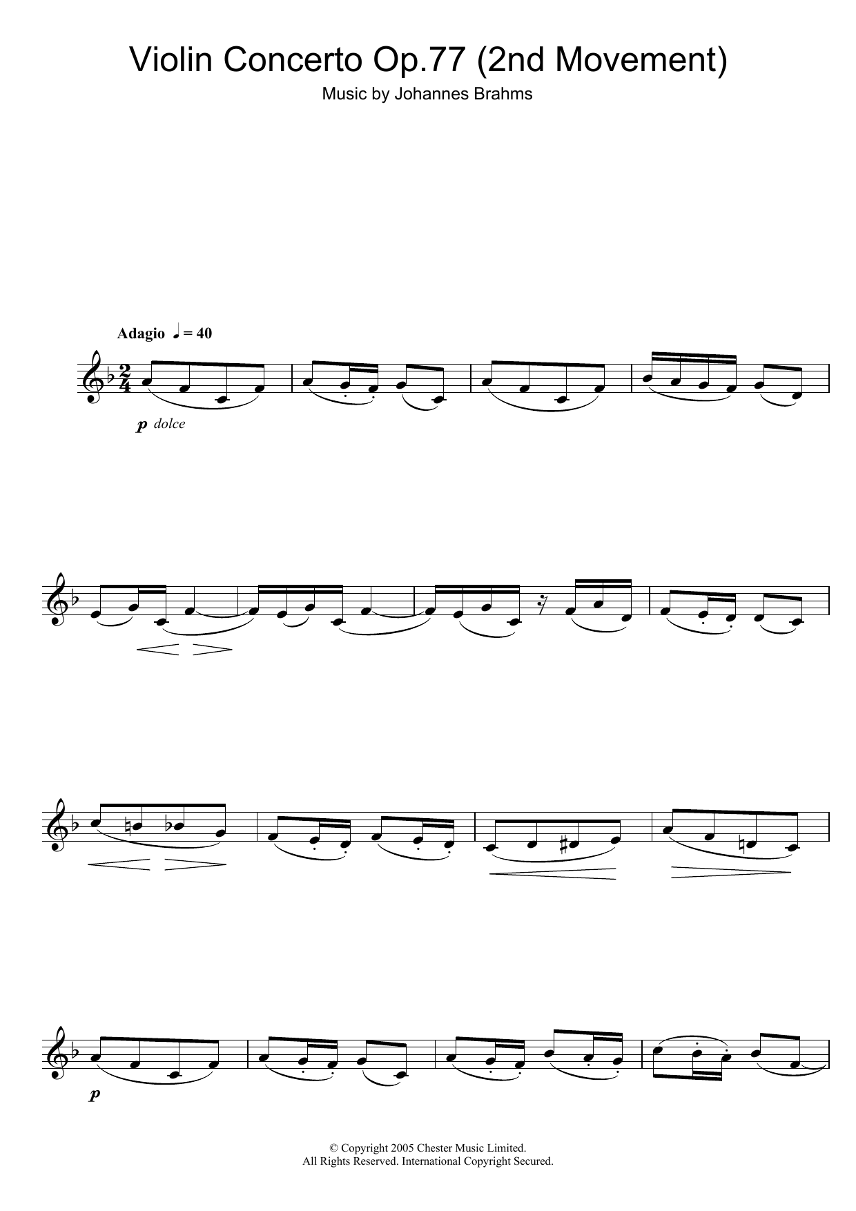 Johannes Brahms Violin Concerto (2nd Movement) Sheet Music Notes & Chords for Flute - Download or Print PDF