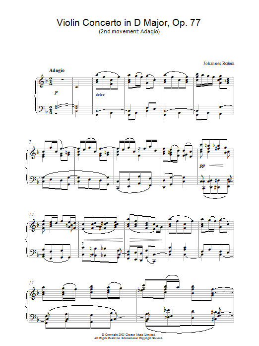 Johannes Brahms Violin Concerto in D Major, Op. 77 (2nd movement: Adagio) Sheet Music Notes & Chords for Piano - Download or Print PDF